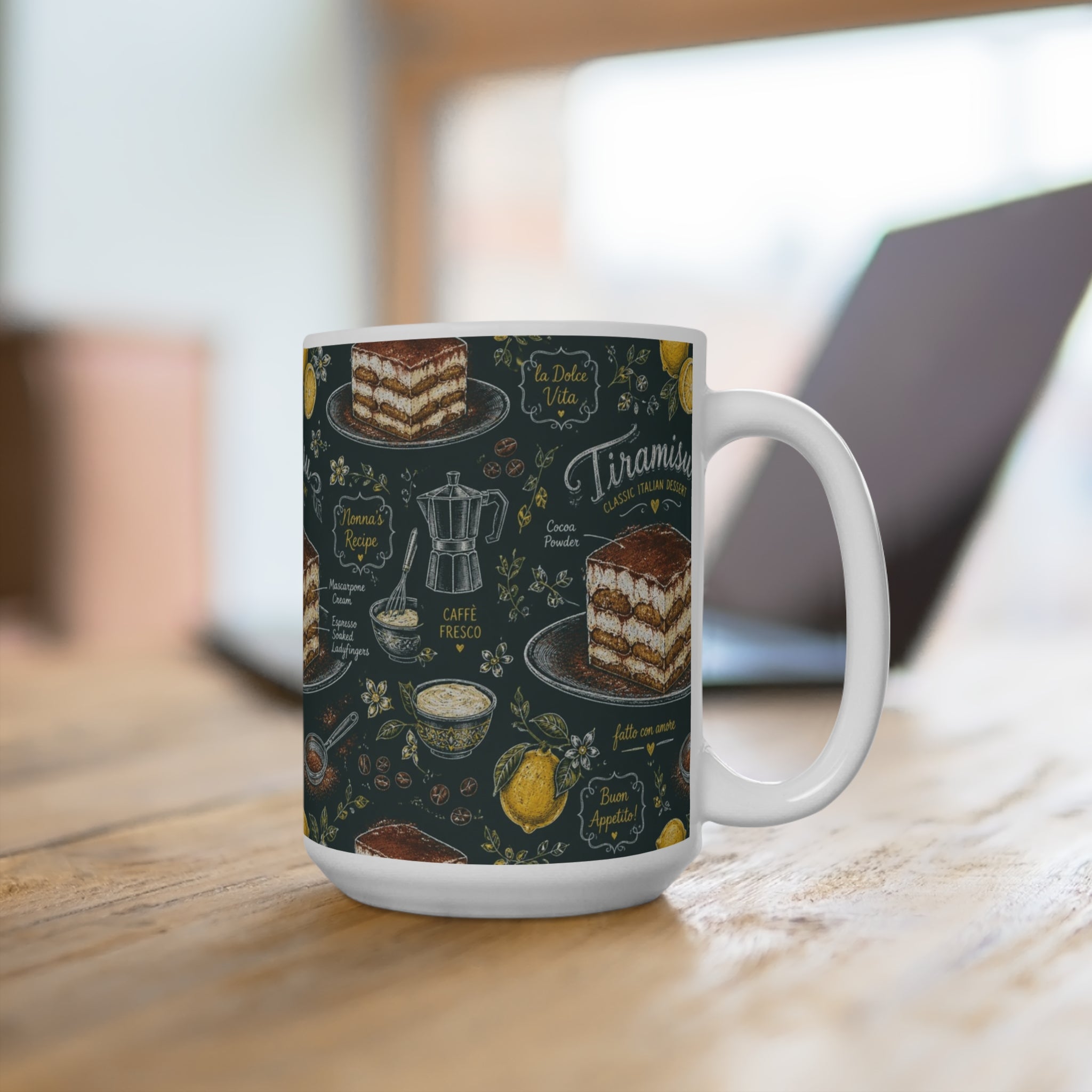 Tiramisu Layers 15oz Ceramic Mug Mediterranean Kitchen Chalk Art Design Italian Cottagecore Gift