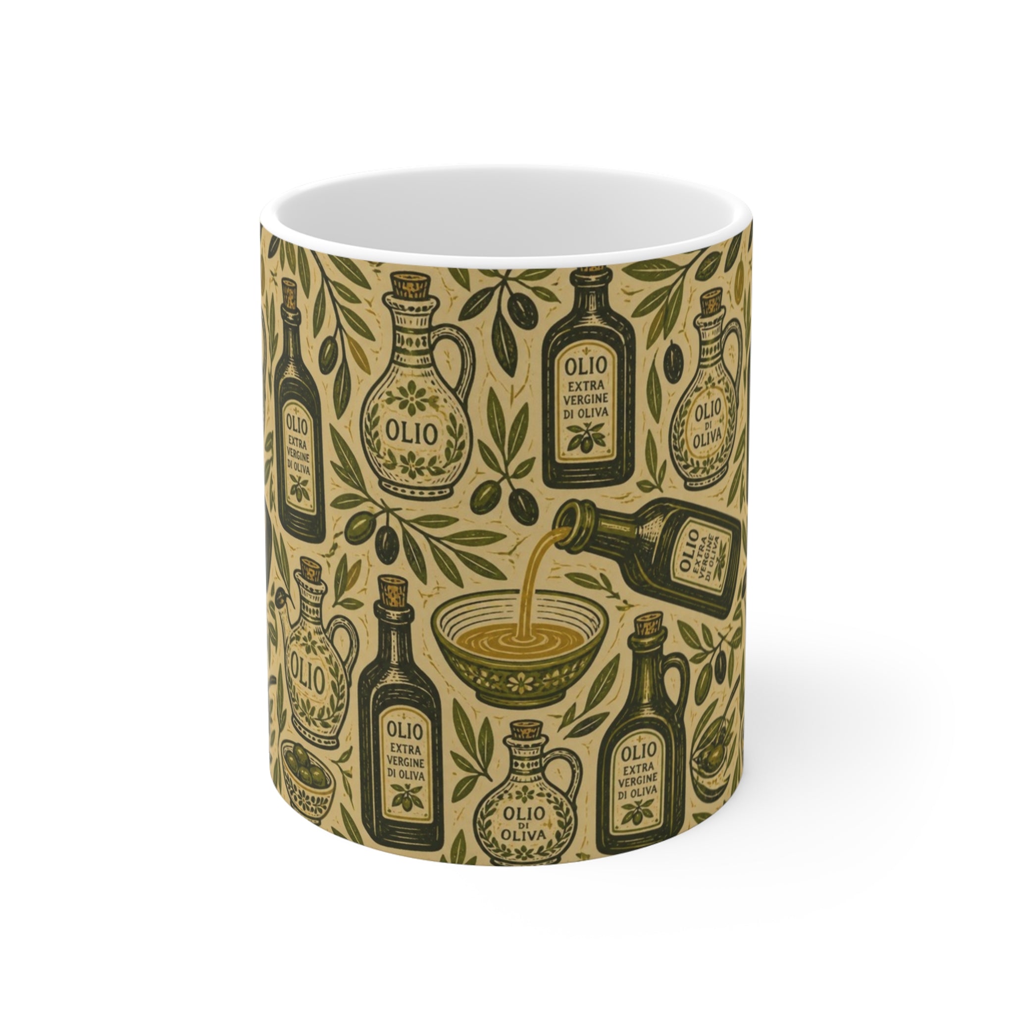 Olive Oil Bottles 11oz Ceramic Mug Mediterranean Kitchen Linocut Design Italian Cottagecore Gift