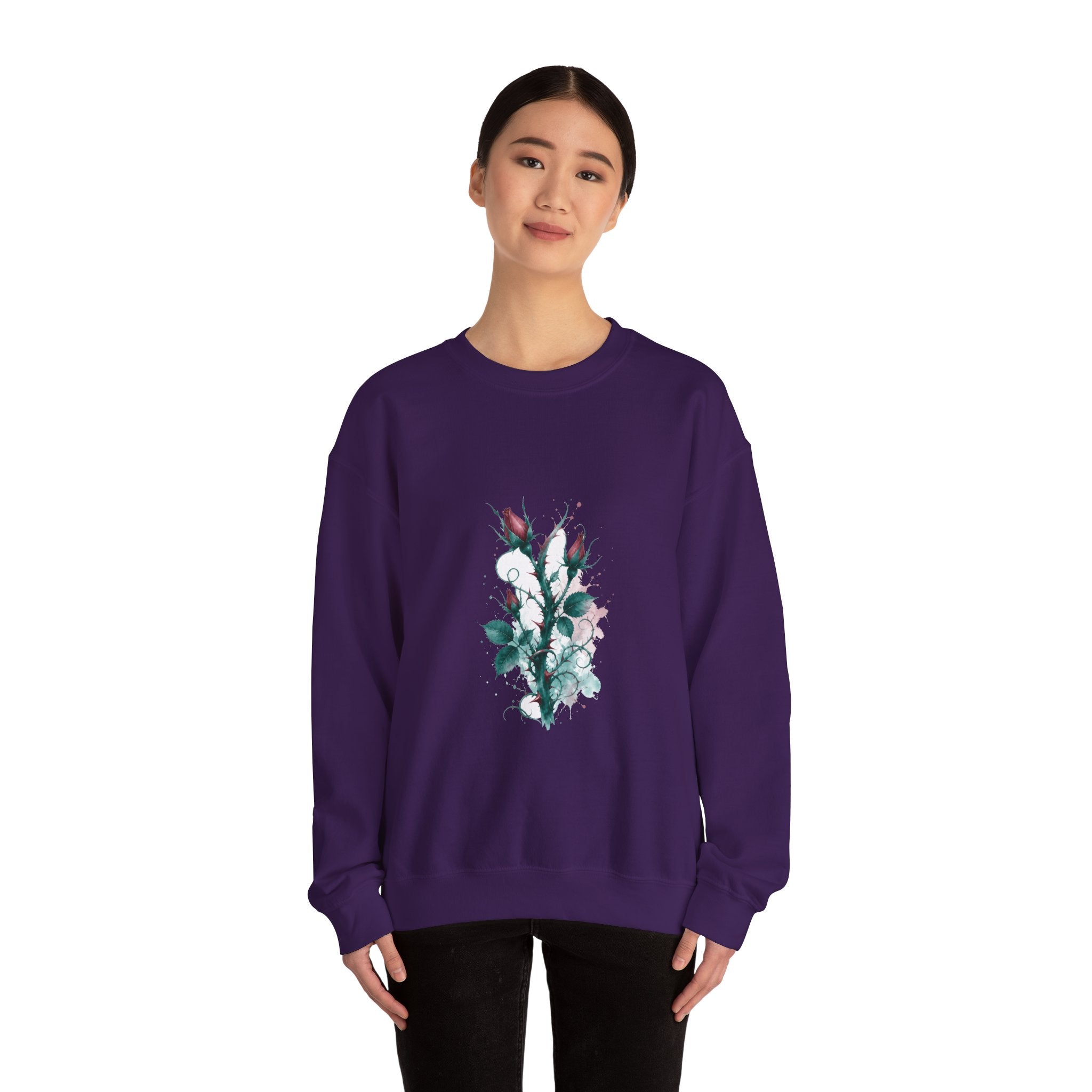 Matching Couple Sweatshirt - Rose & Thorn Matching Couple Crewneck Sweatshirt Watercolor Art His Hers Engagement Gift - Design B