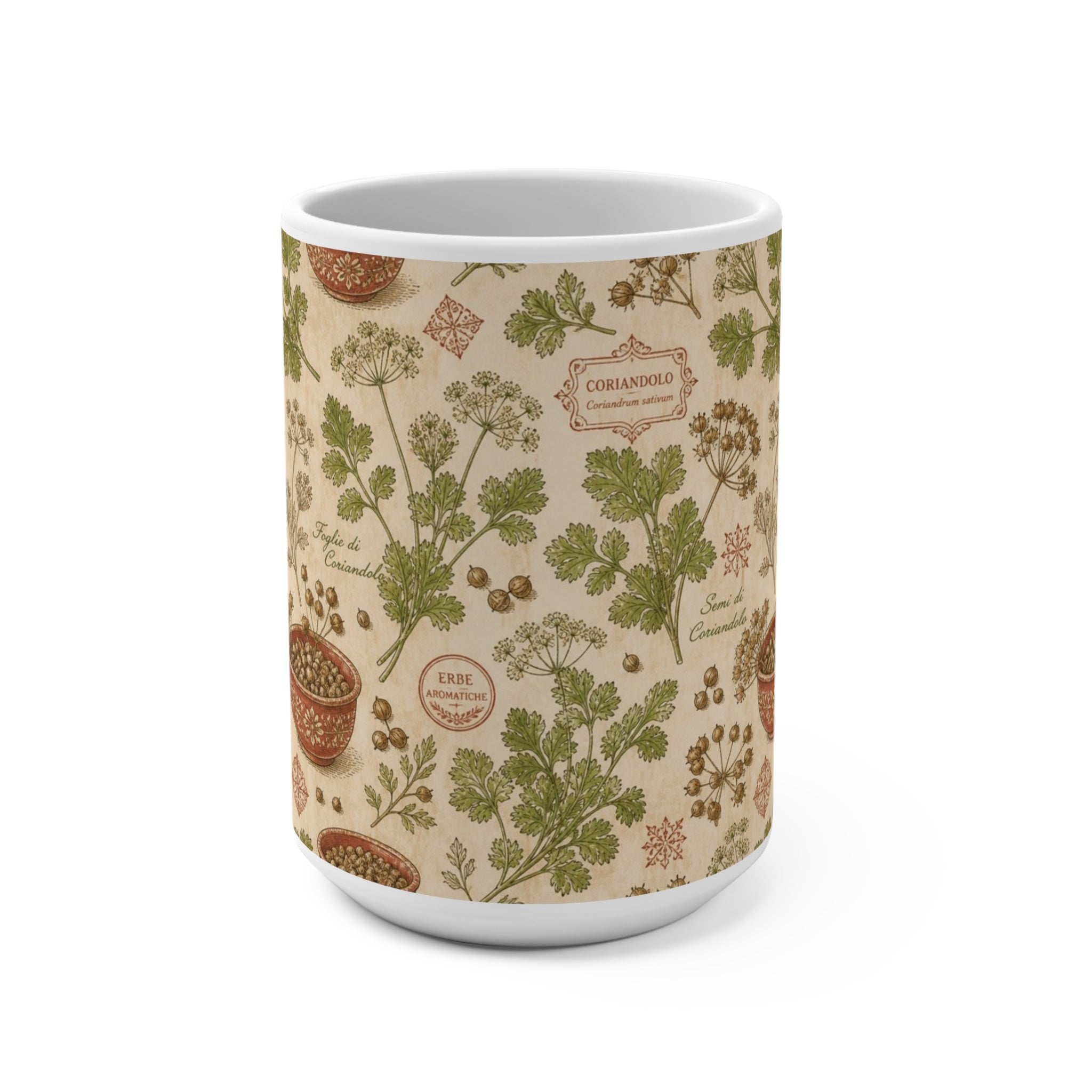 Coriander & Seeds 15oz Ceramic Mug Mediterranean Kitchen Botanical Design Italian Cottagecore Gift