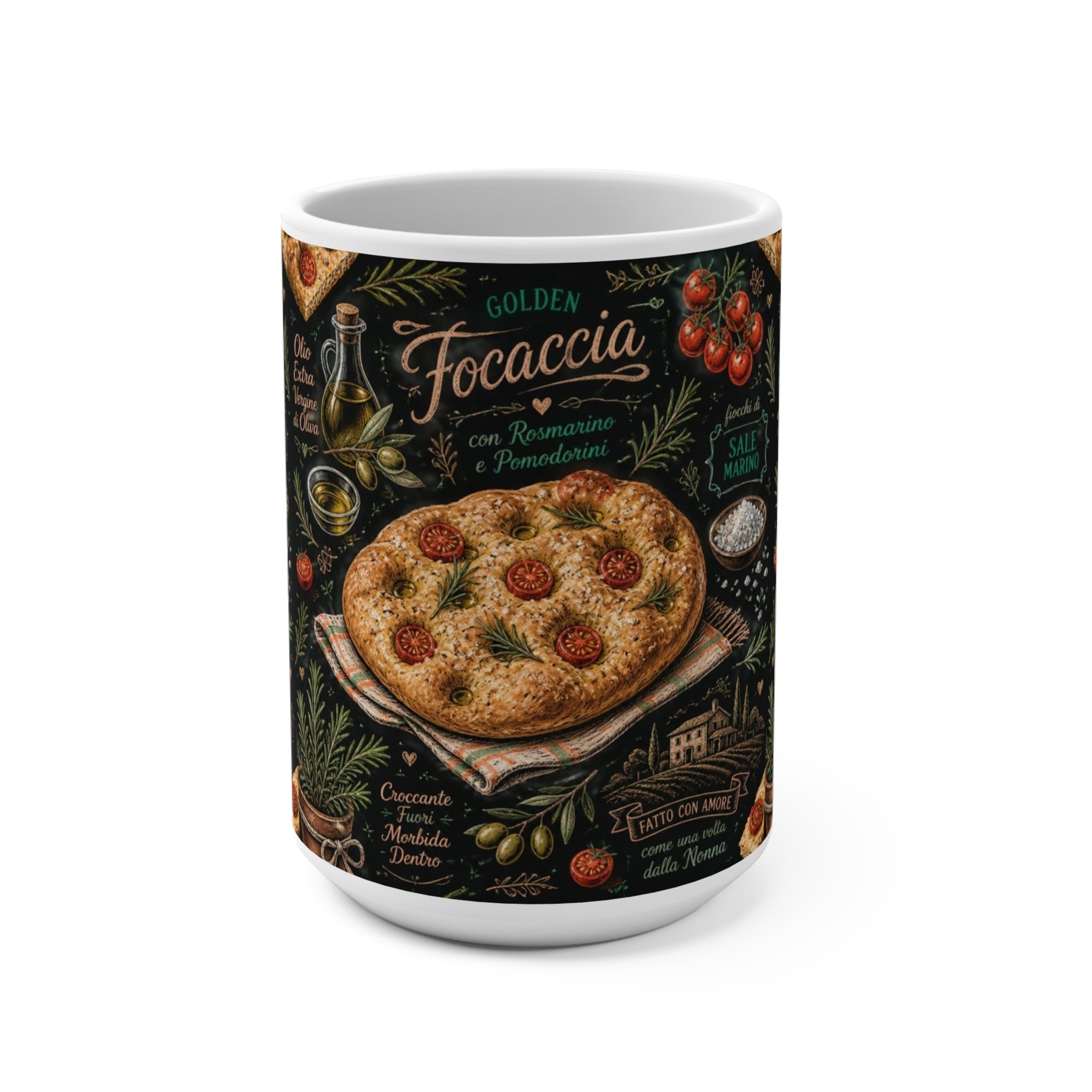 Focaccia Bread 15oz Ceramic Mug Mediterranean Kitchen Chalk Art Design Italian Cottagecore Gift