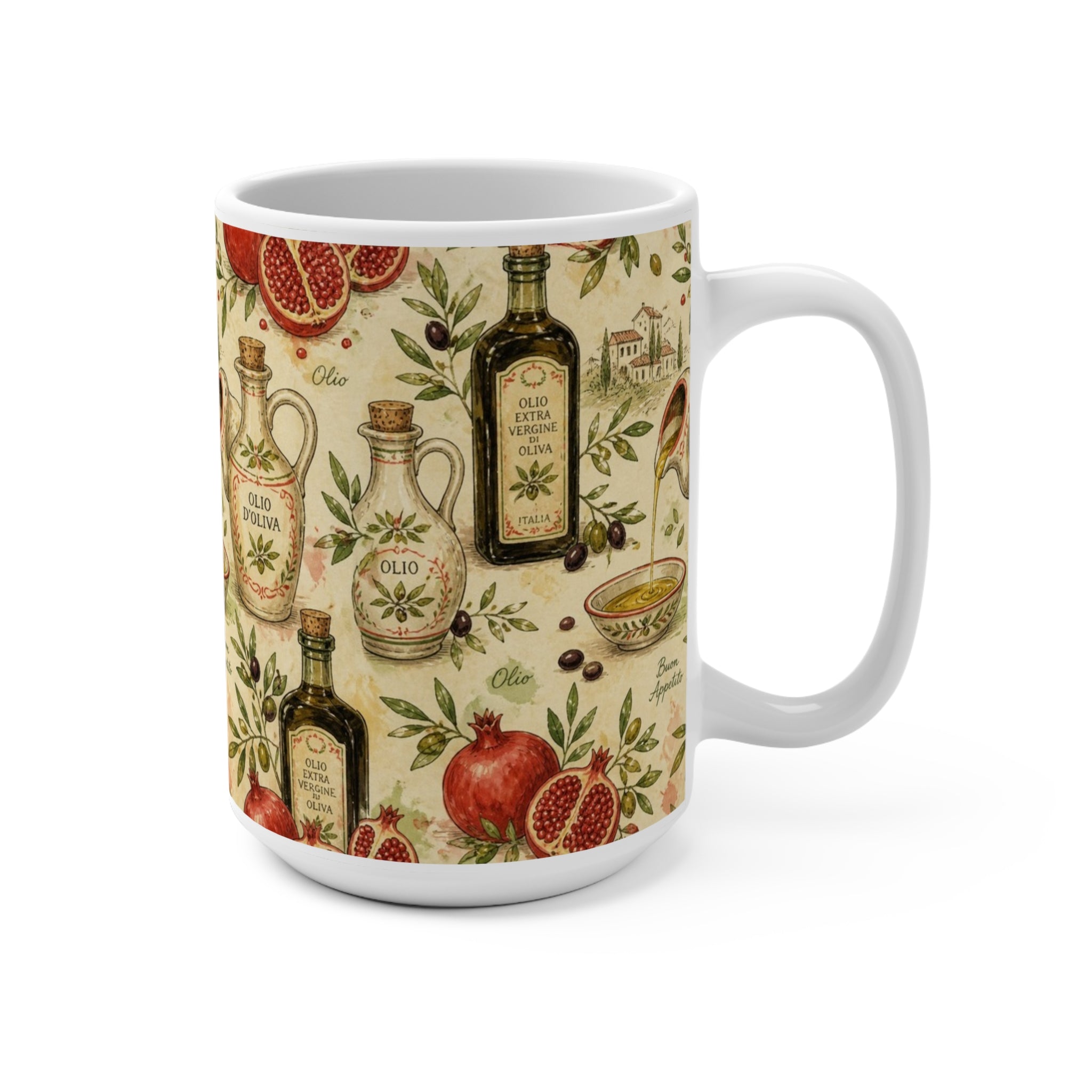 Olive Oil Bottles 15oz Ceramic Mug Mediterranean Kitchen Watercolor Design Italian Cottagecore Gift