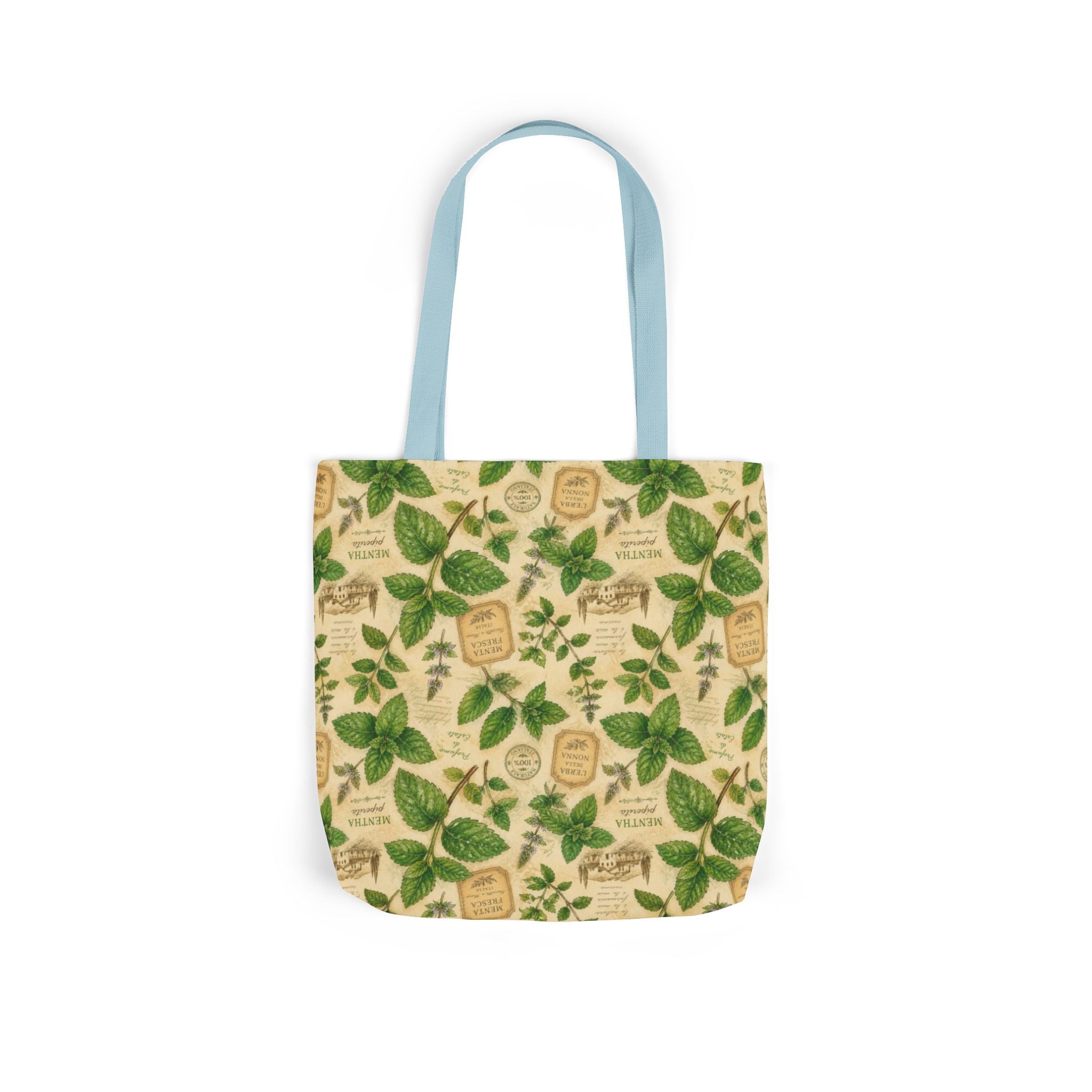 Fresh Mint Leaves Canvas Tote Bag Mediterranean Kitchen Watercolor Design Italian Cottagecore Gift