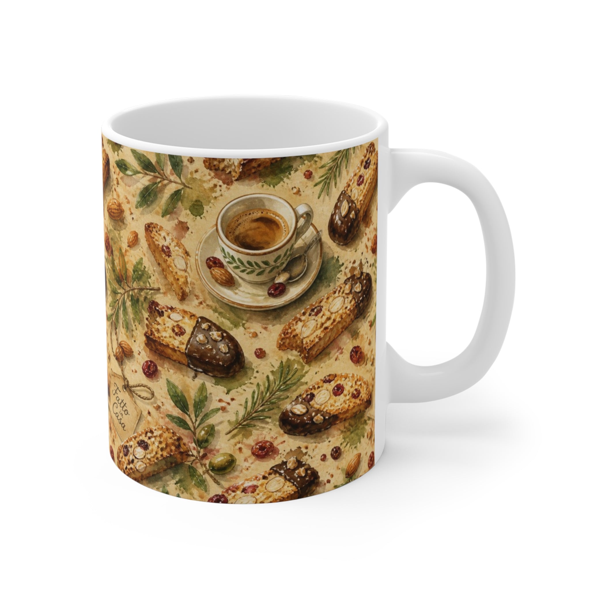 Almond Biscotti 11oz Ceramic Mug Mediterranean Kitchen Watercolor Splash Design Italian Cottagecore Gift