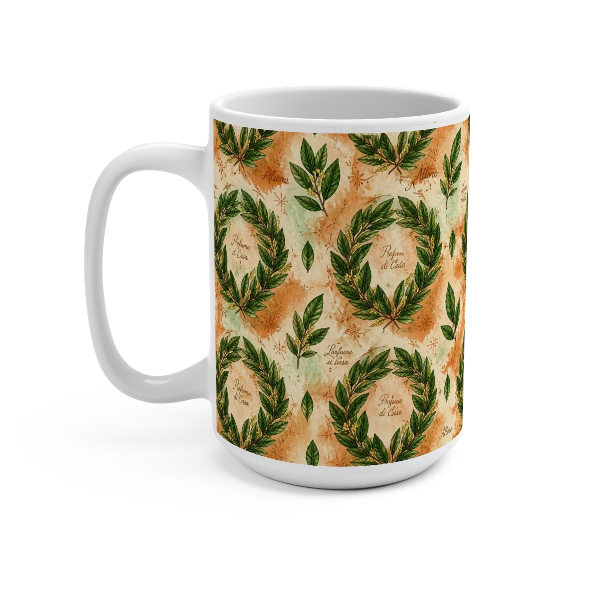 Bay Laurel Wreath 15oz Ceramic Mug Mediterranean Kitchen Watercolor Design Italian Cottagecore Gift