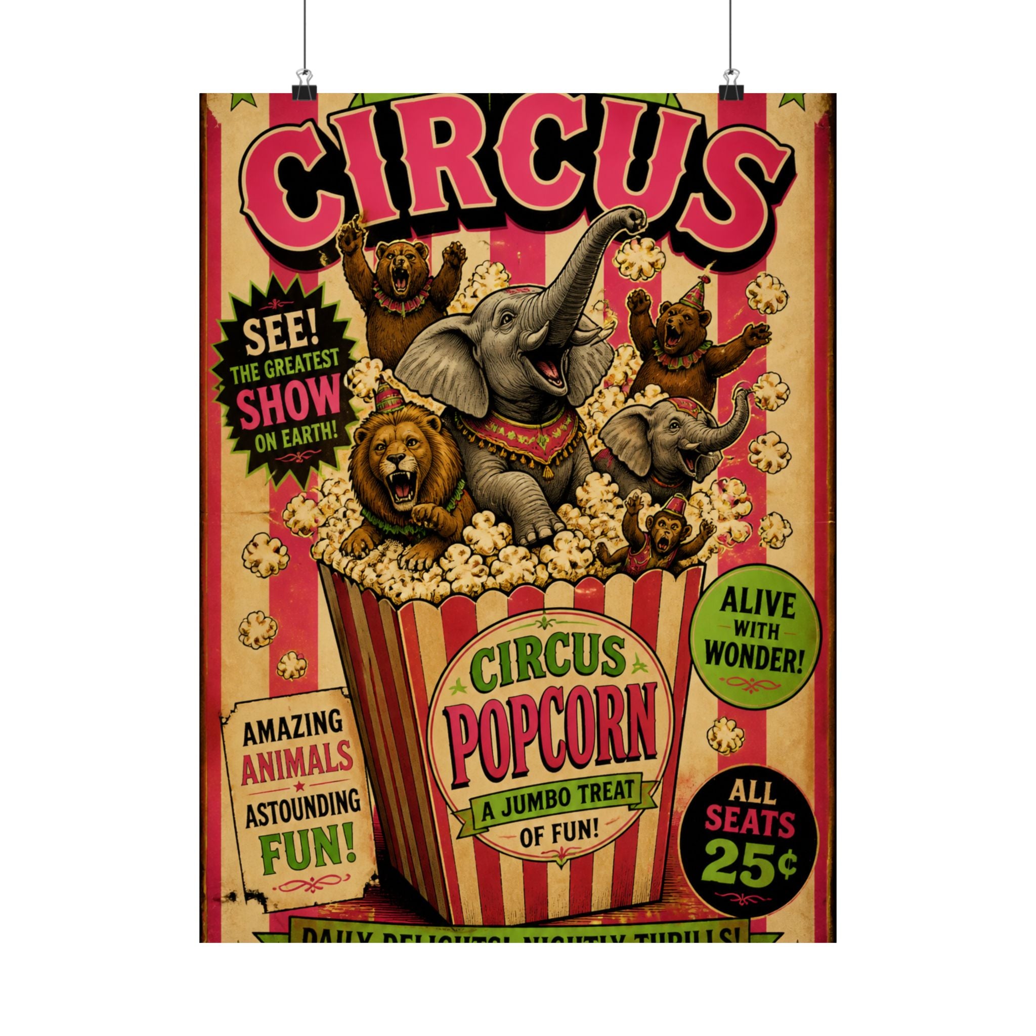 Popcorn Box Animals Wall Art Poster 18×24 Vintage Circus Kitchen Decor Maximalist Print