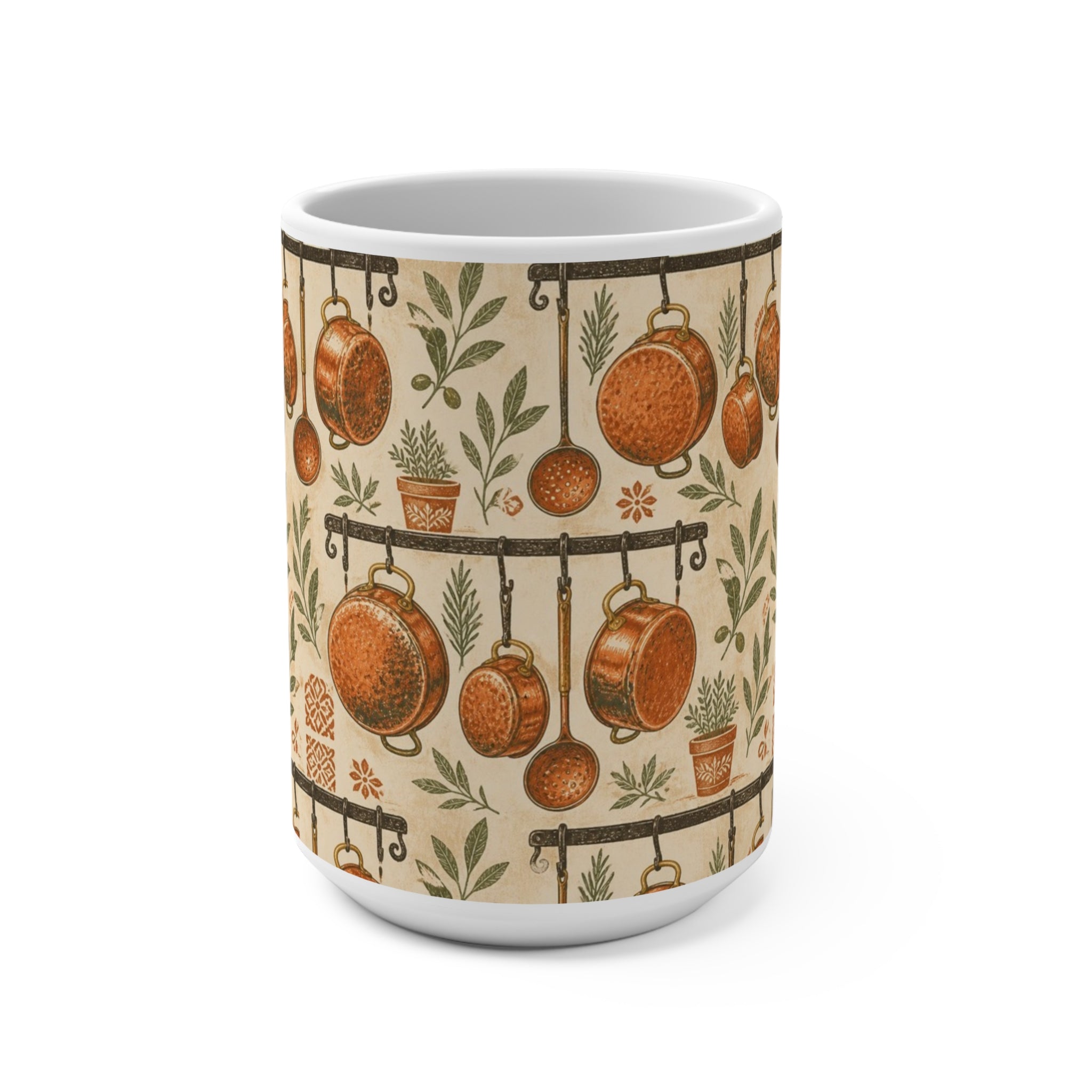 Copper Cookware 15oz Ceramic Mug Mediterranean Kitchen Linocut Design Italian Cottagecore Gift