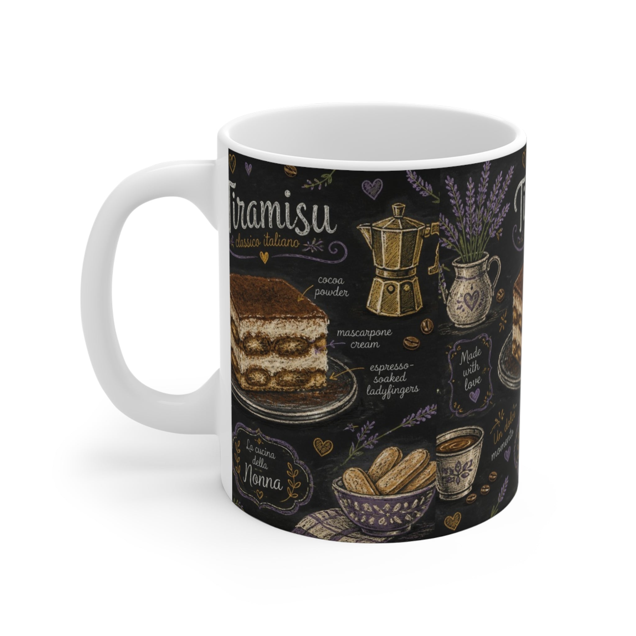 Tiramisu Layers 11oz Ceramic Mug Mediterranean Kitchen Chalk Art Design Italian Cottagecore Gift