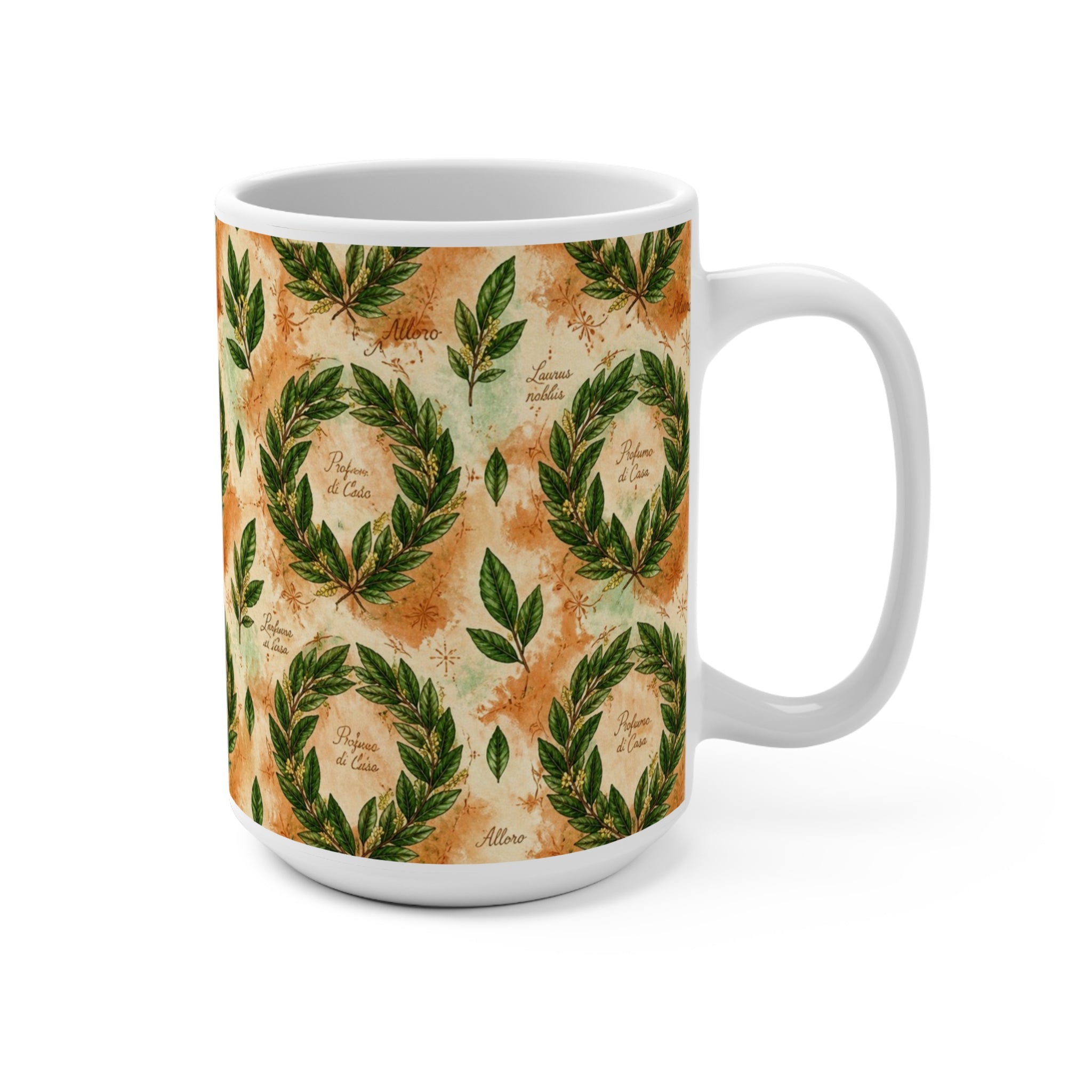 Bay Laurel Wreath 15oz Ceramic Mug Mediterranean Kitchen Watercolor Design Italian Cottagecore Gift