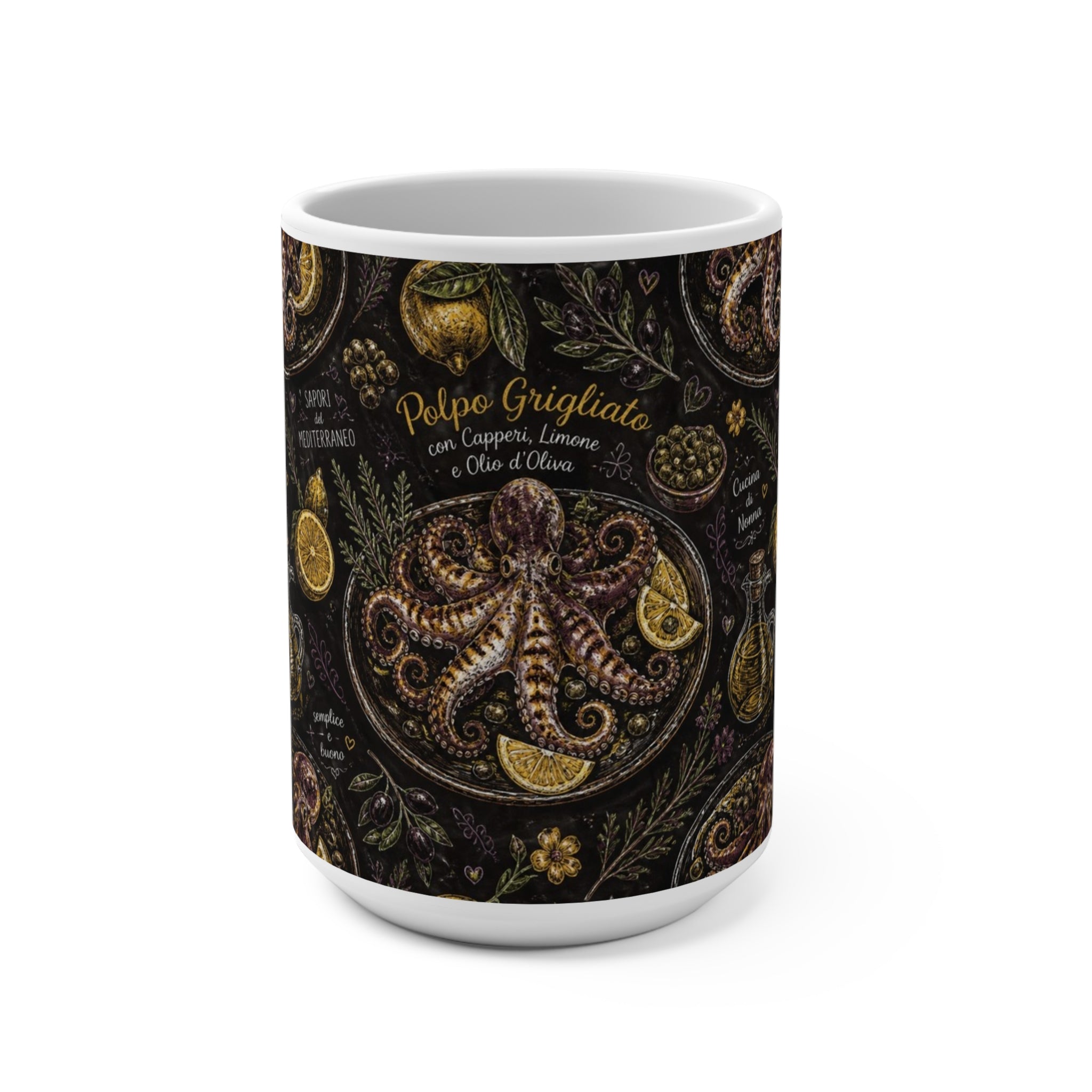 Grilled Octopus 15oz Ceramic Mug Mediterranean Kitchen Chalk Art Design Italian Cottagecore Gift
