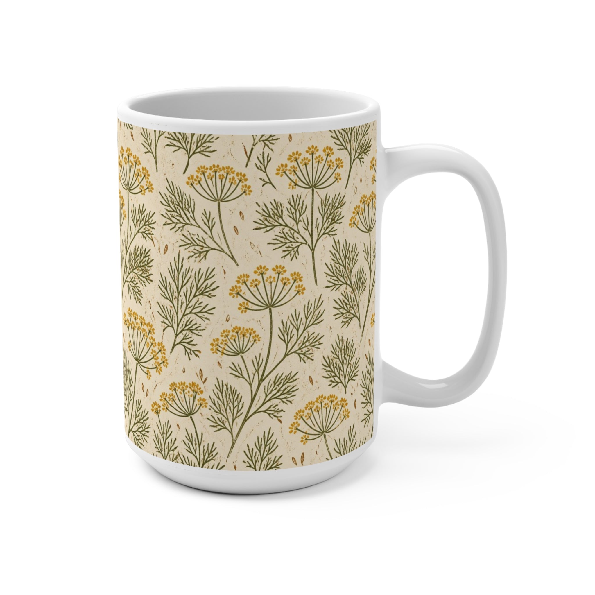 Dill Fronds 15oz Ceramic Mug Mediterranean Kitchen Linocut Design Italian Cottagecore Gift