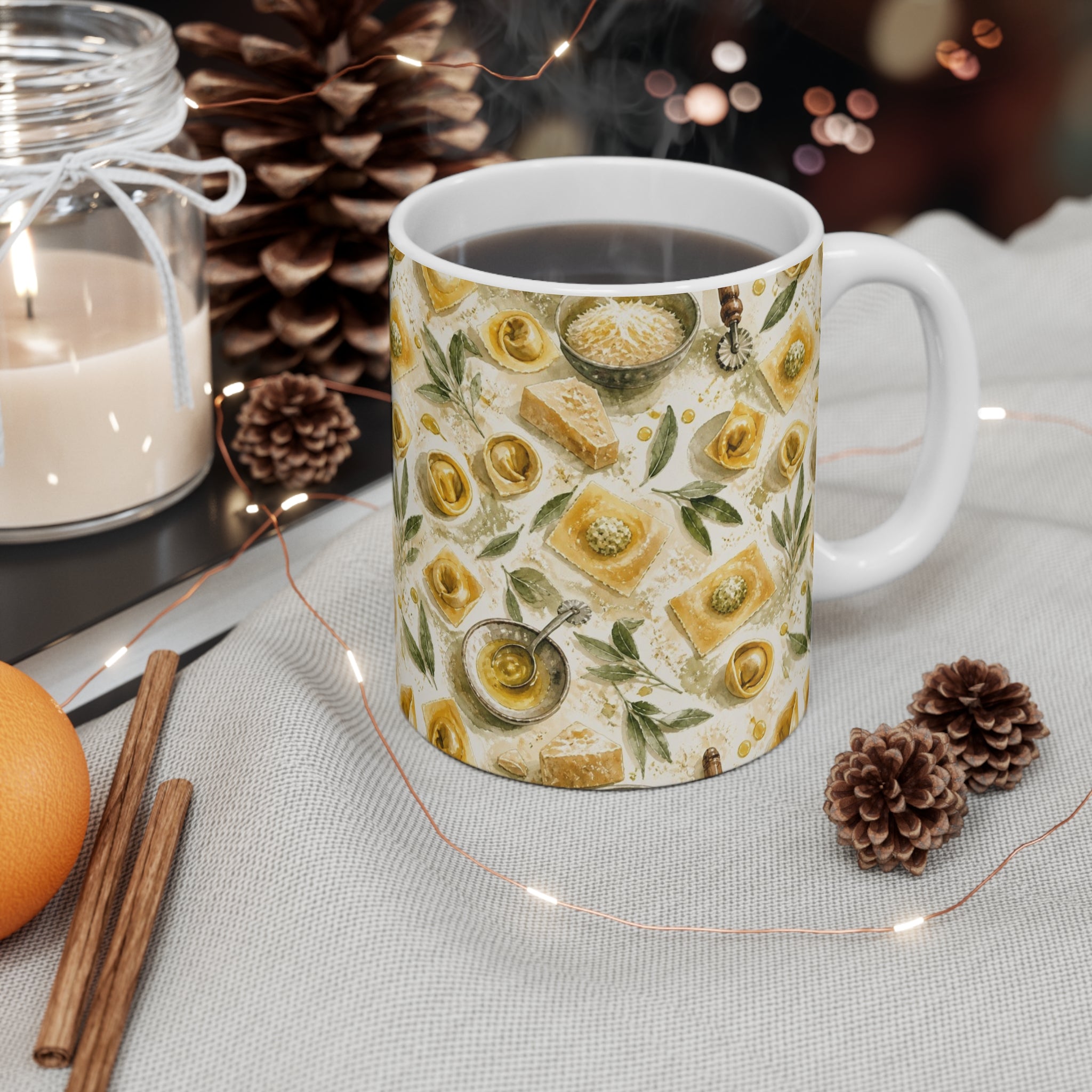 Tortellini with Sage 11oz Ceramic Mug Mediterranean Kitchen Watercolor Splash Design Italian Cottagecore Gift