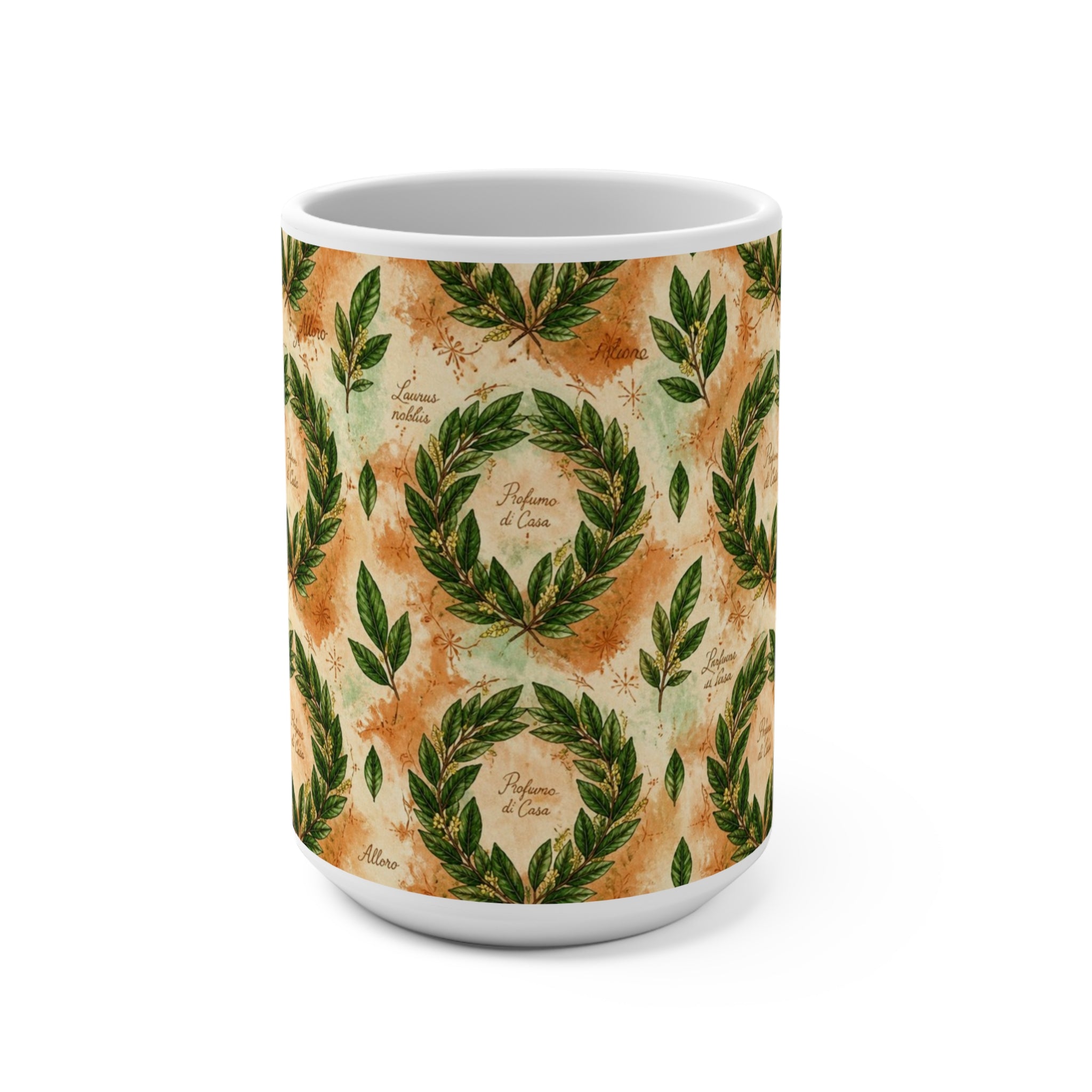 Bay Laurel Wreath 15oz Ceramic Mug Mediterranean Kitchen Watercolor Design Italian Cottagecore Gift