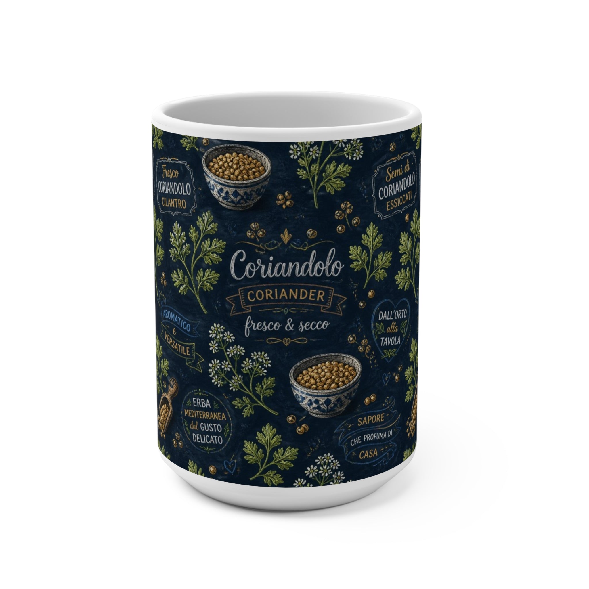 Coriander & Seeds 15oz Ceramic Mug Mediterranean Kitchen Chalk Art Design Italian Cottagecore Gift