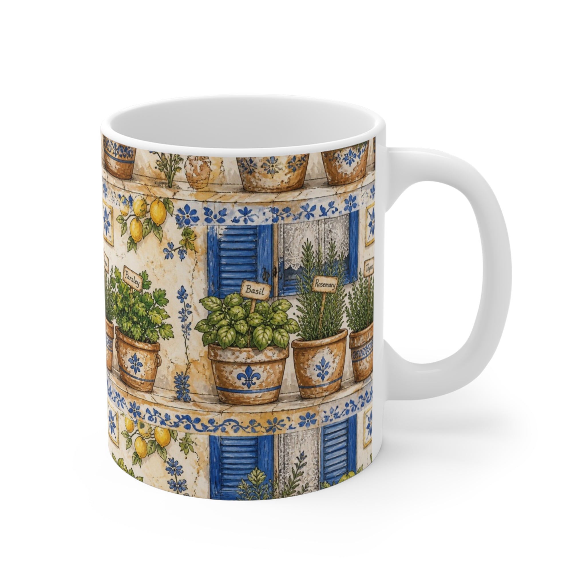 Terracotta Herb Pots 11oz Ceramic Mug Mediterranean Kitchen Watercolor Design Italian Cottagecore Gift