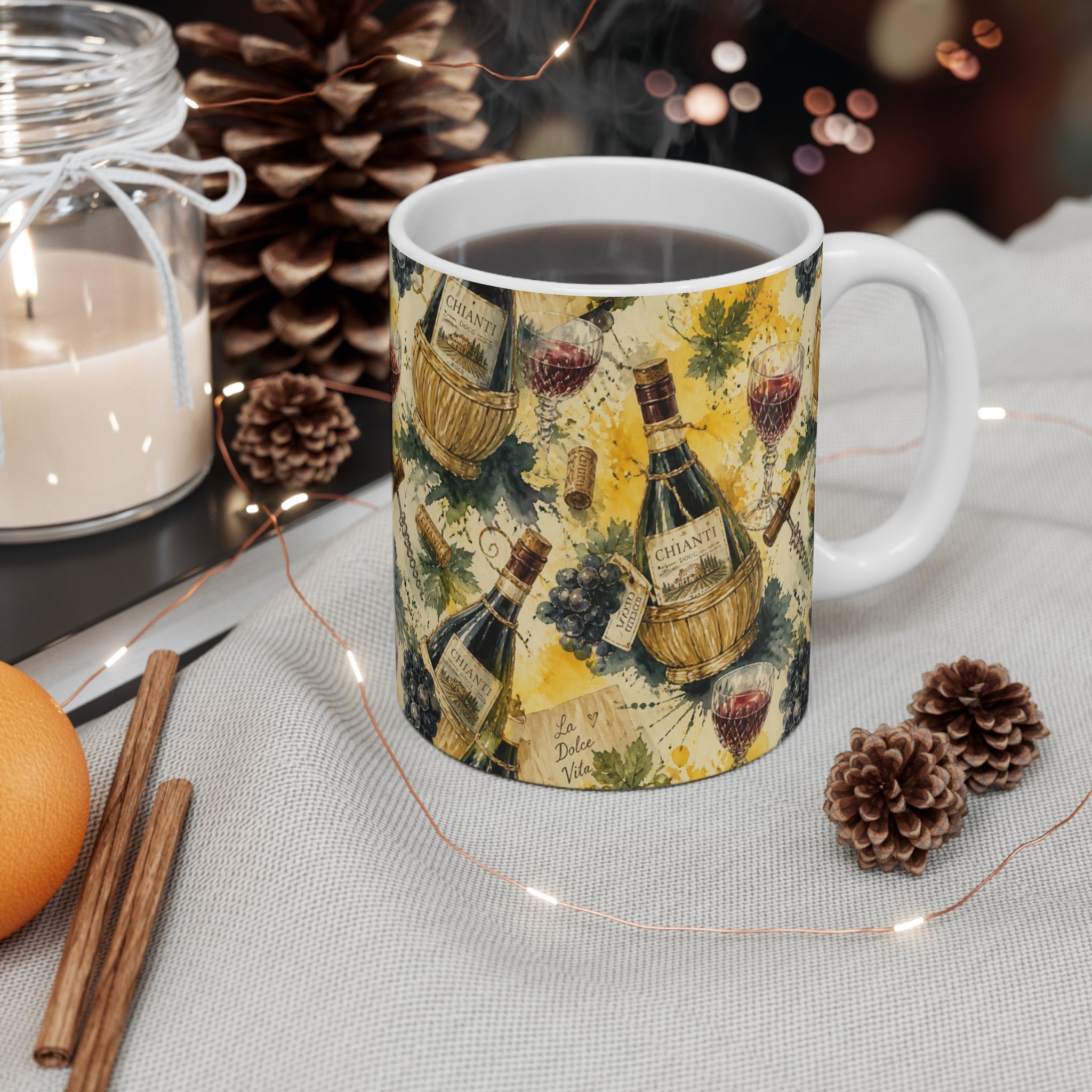 Wine Bottles & Glasses 11oz Ceramic Mug Mediterranean Kitchen Watercolor Splash Design Italian Cottagecore Gift