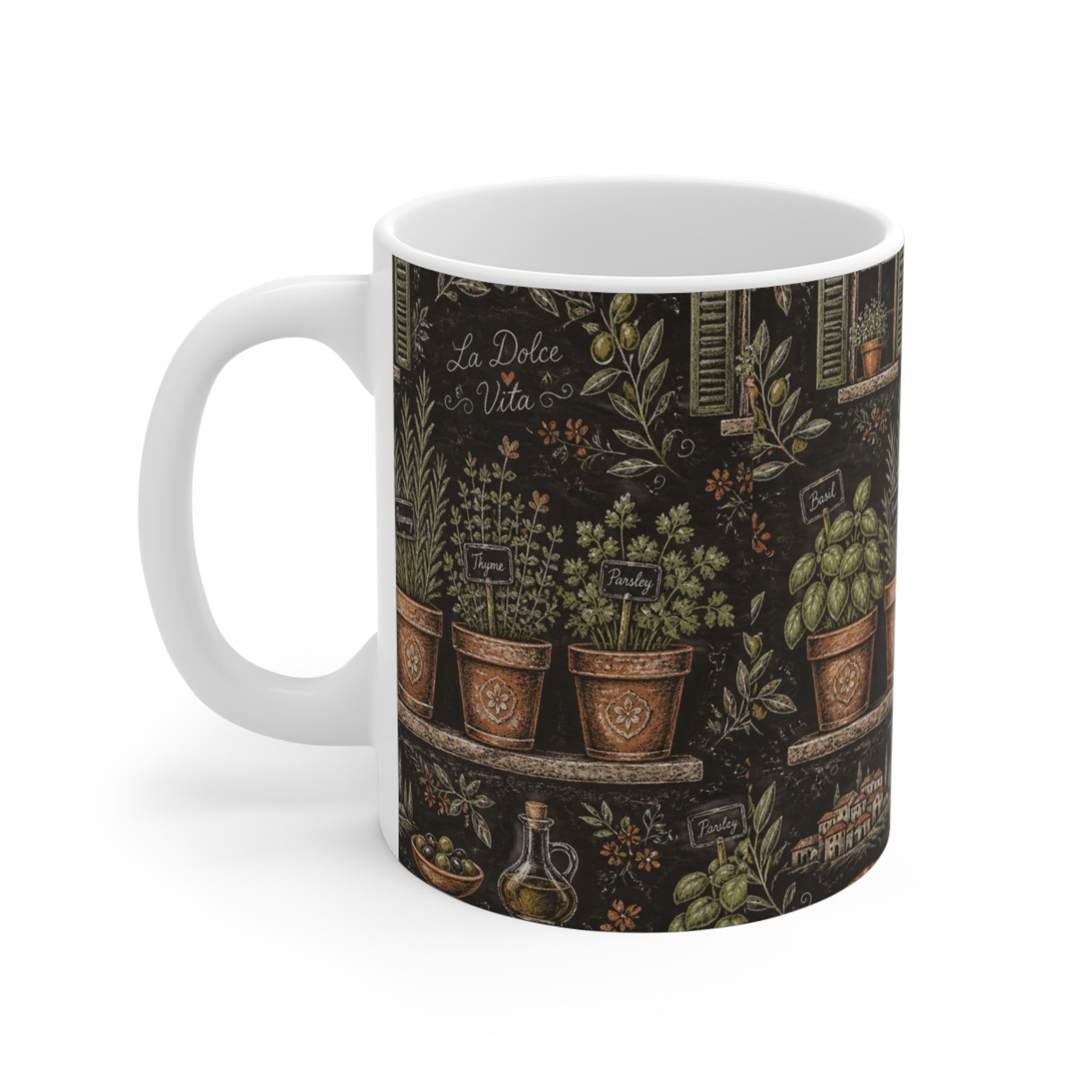Terracotta Herb Pots 11oz Ceramic Mug Mediterranean Kitchen Chalk Art Design Italian Cottagecore Gift