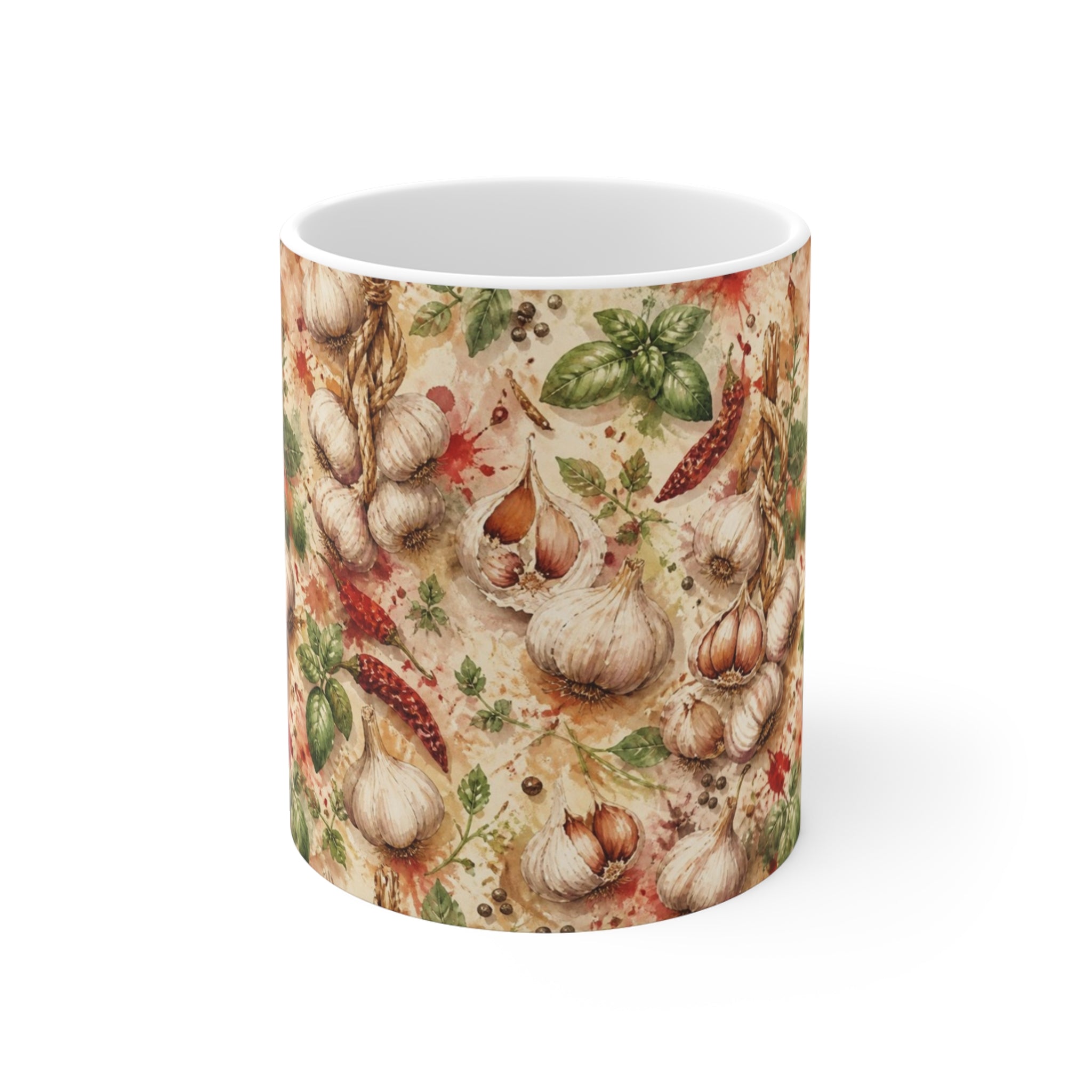 Garlic Bulbs & Cloves 11oz Ceramic Mug Mediterranean Kitchen Watercolor Splash Design Italian Cottagecore Gift