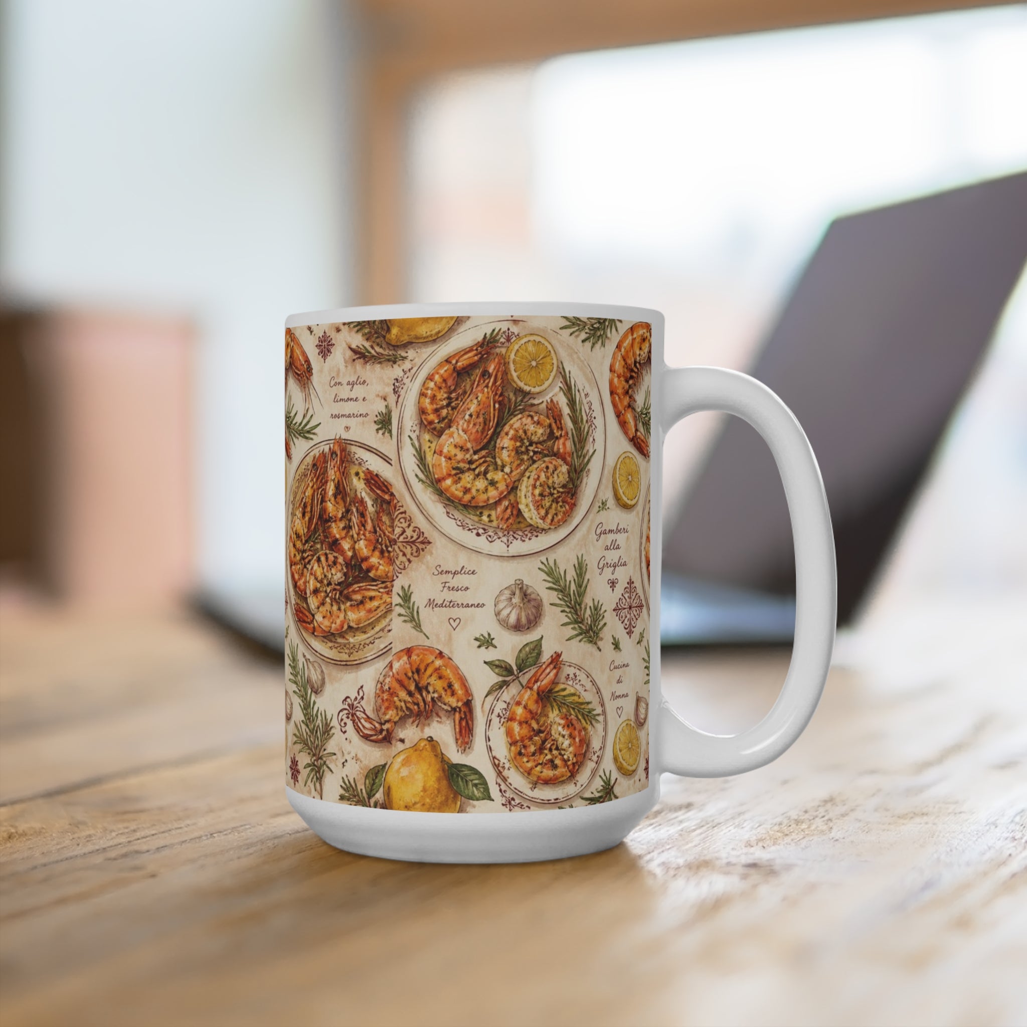 Mediterranean Shrimp 15oz Ceramic Mug Mediterranean Kitchen Watercolor Design Italian Cottagecore Gift