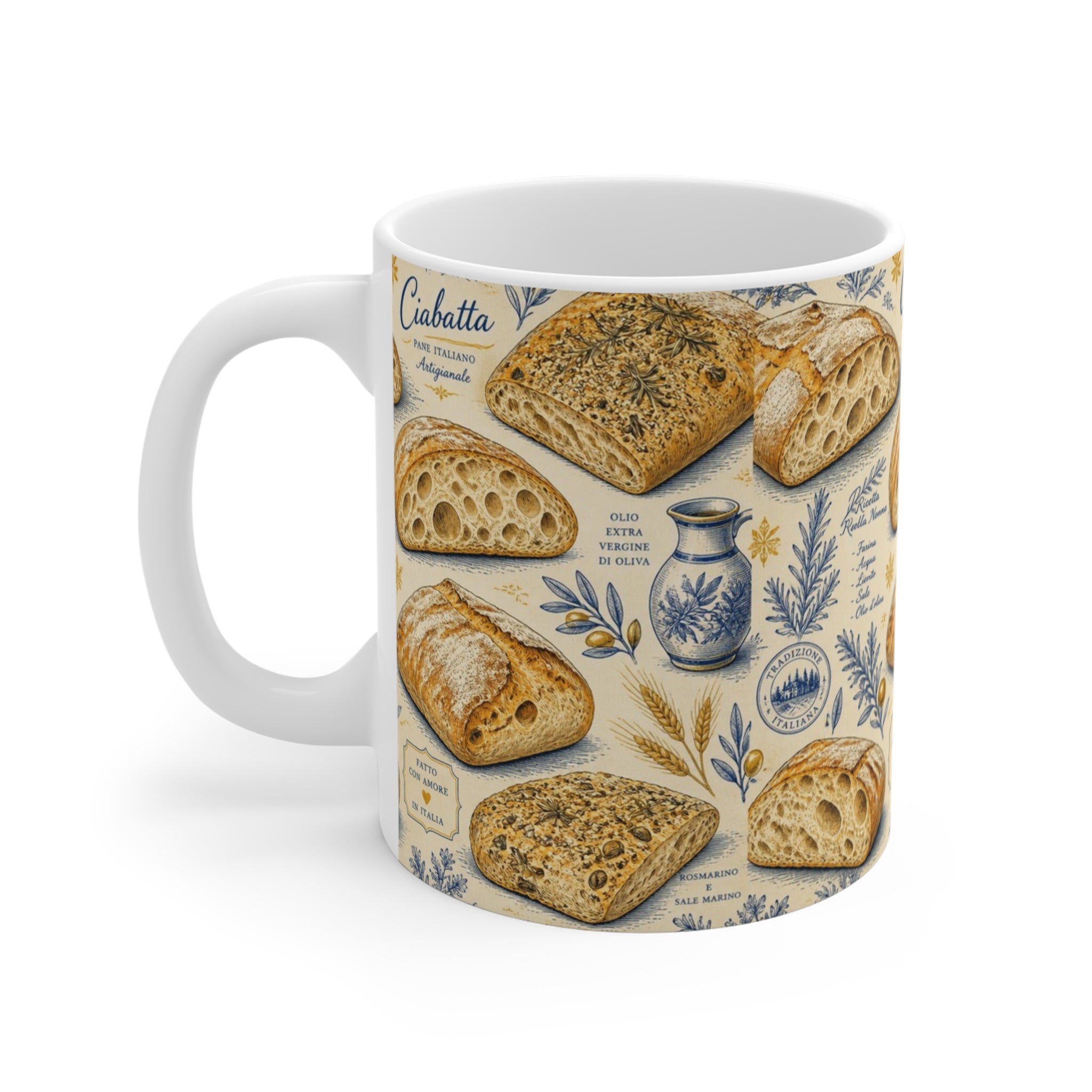 Ciabatta Rolls 11oz Ceramic Mug Mediterranean Kitchen Botanical Design Italian Cottagecore Gift