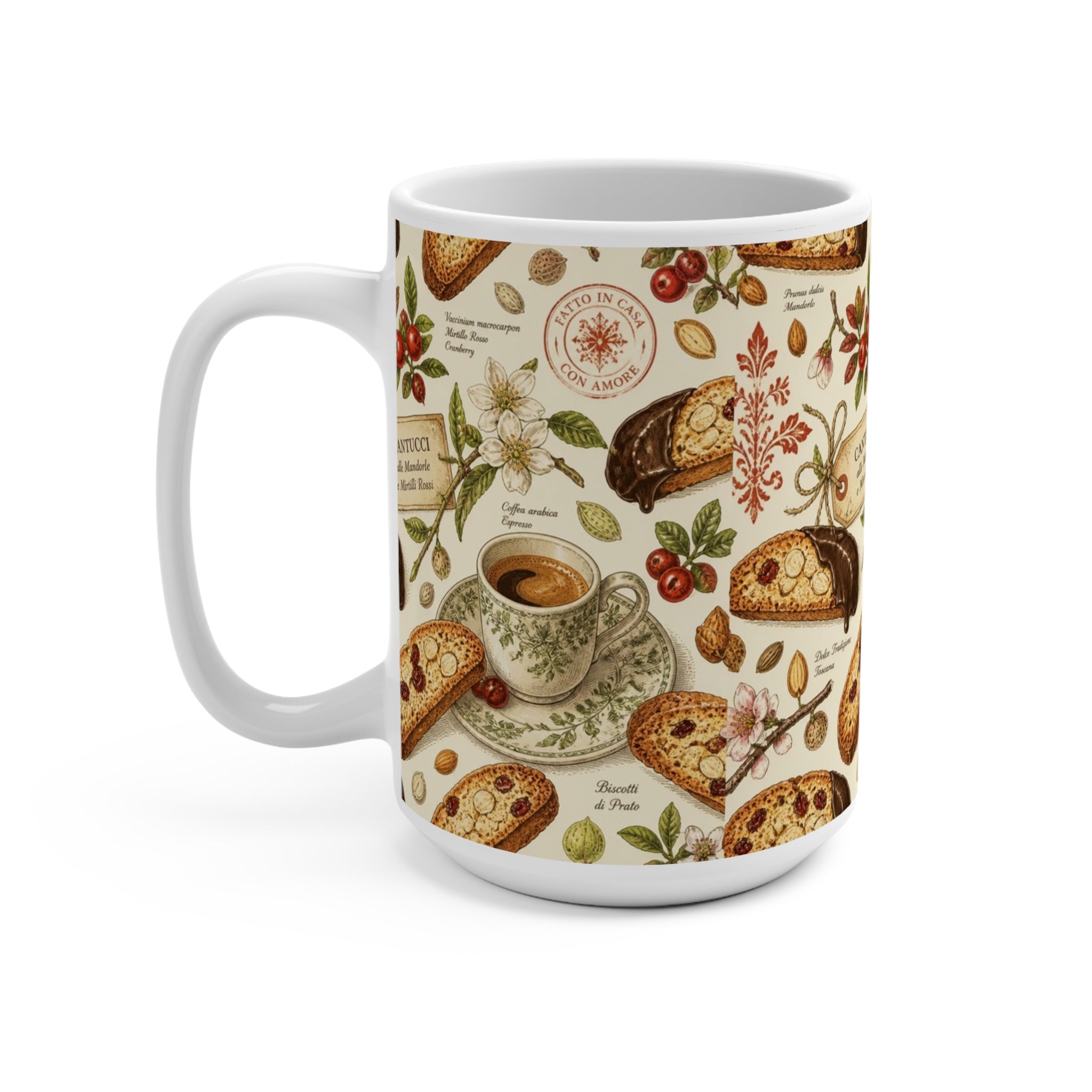 Almond Biscotti 15oz Ceramic Mug Mediterranean Kitchen Botanical Design Italian Cottagecore Gift