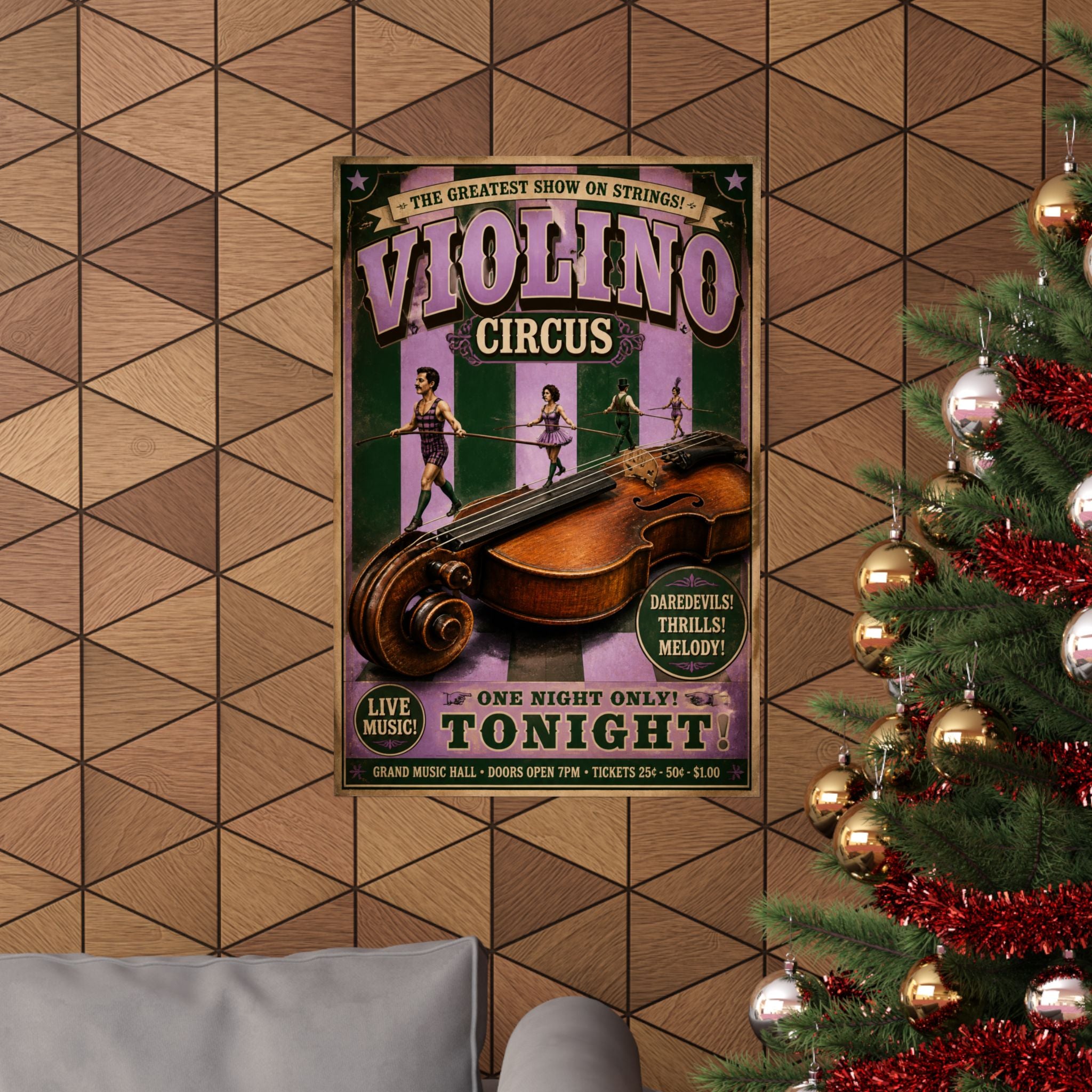 Violin Tightrope Bridge Wall Art Poster 24×36 Vintage Circus Bedroom Decor Maximalist Print