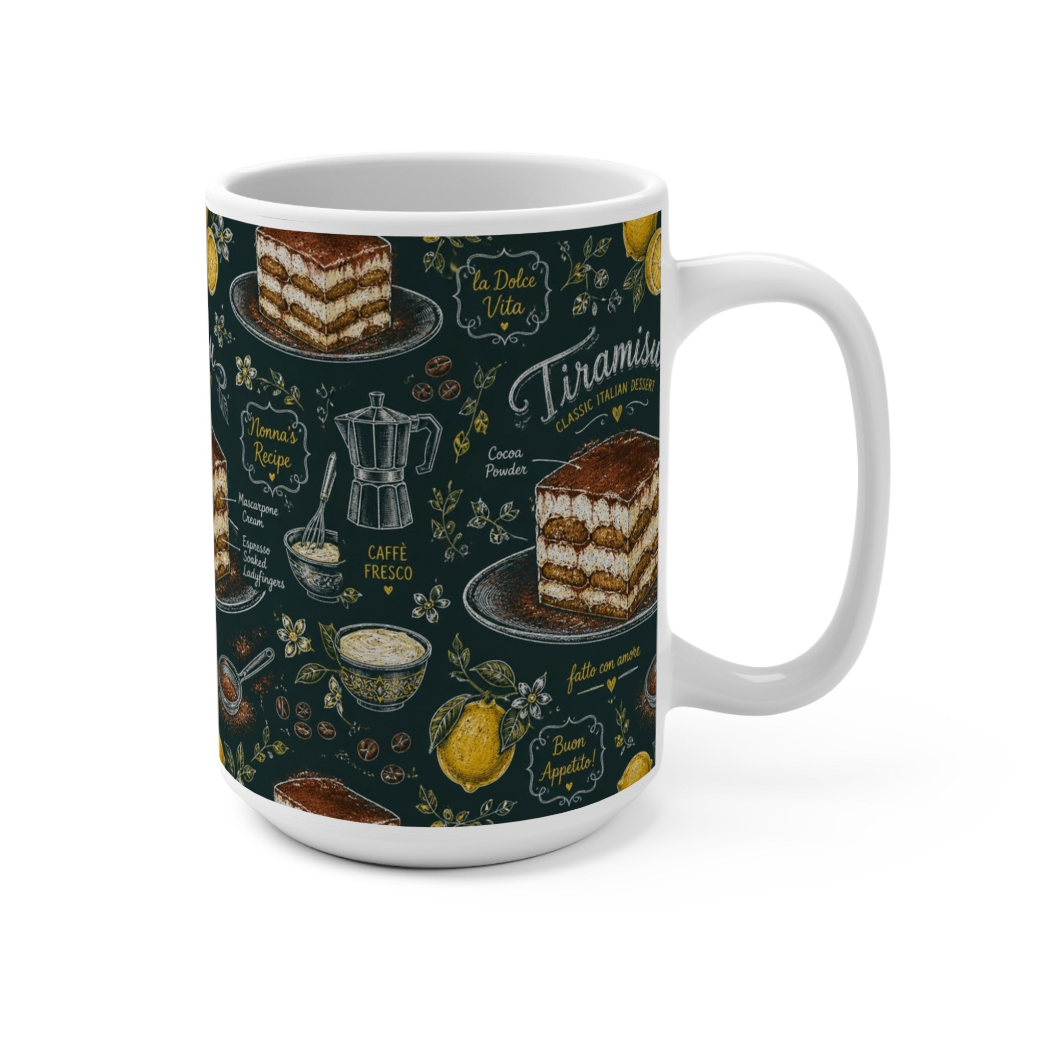 Tiramisu Layers 15oz Ceramic Mug Mediterranean Kitchen Chalk Art Design Italian Cottagecore Gift