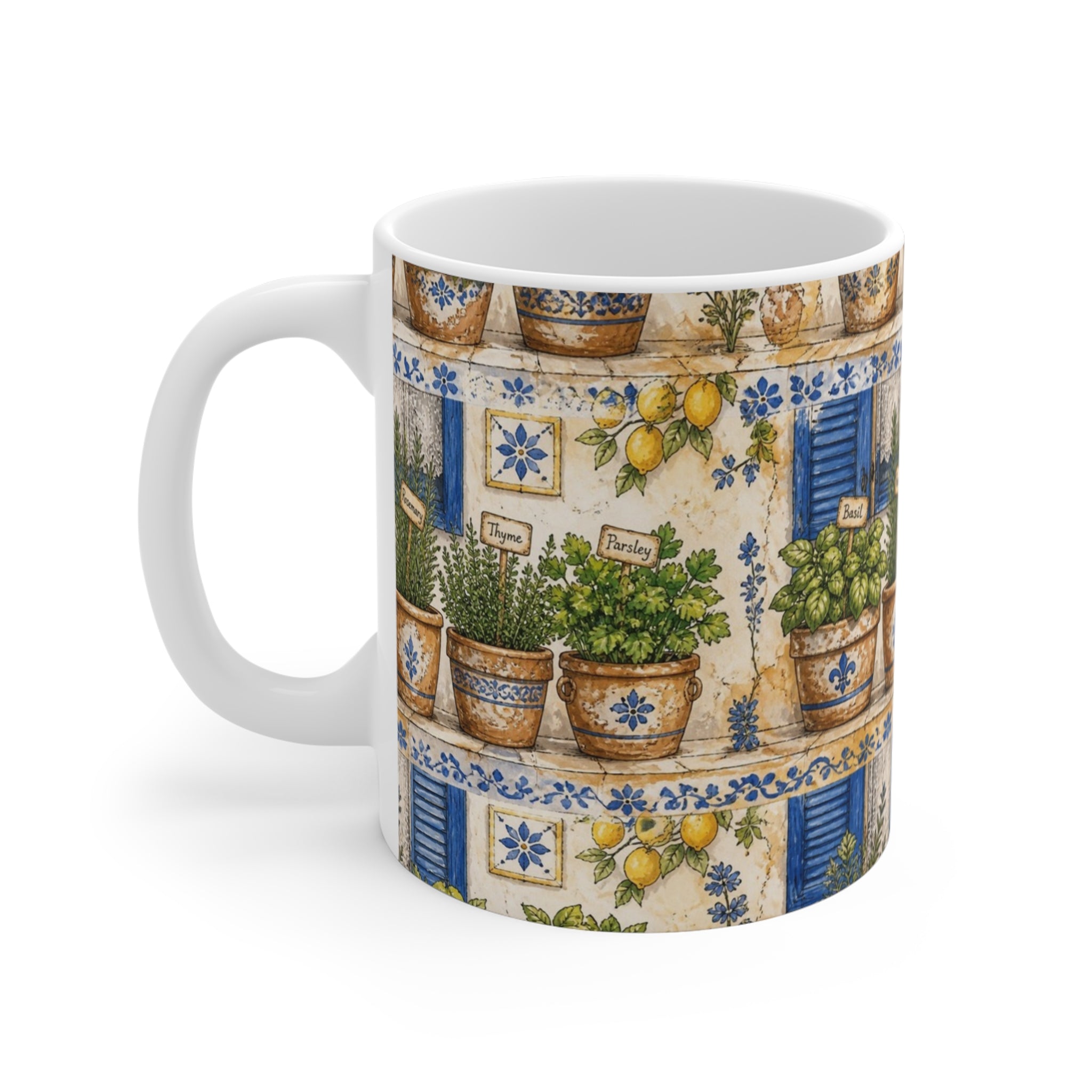 Terracotta Herb Pots 11oz Ceramic Mug Mediterranean Kitchen Watercolor Design Italian Cottagecore Gift