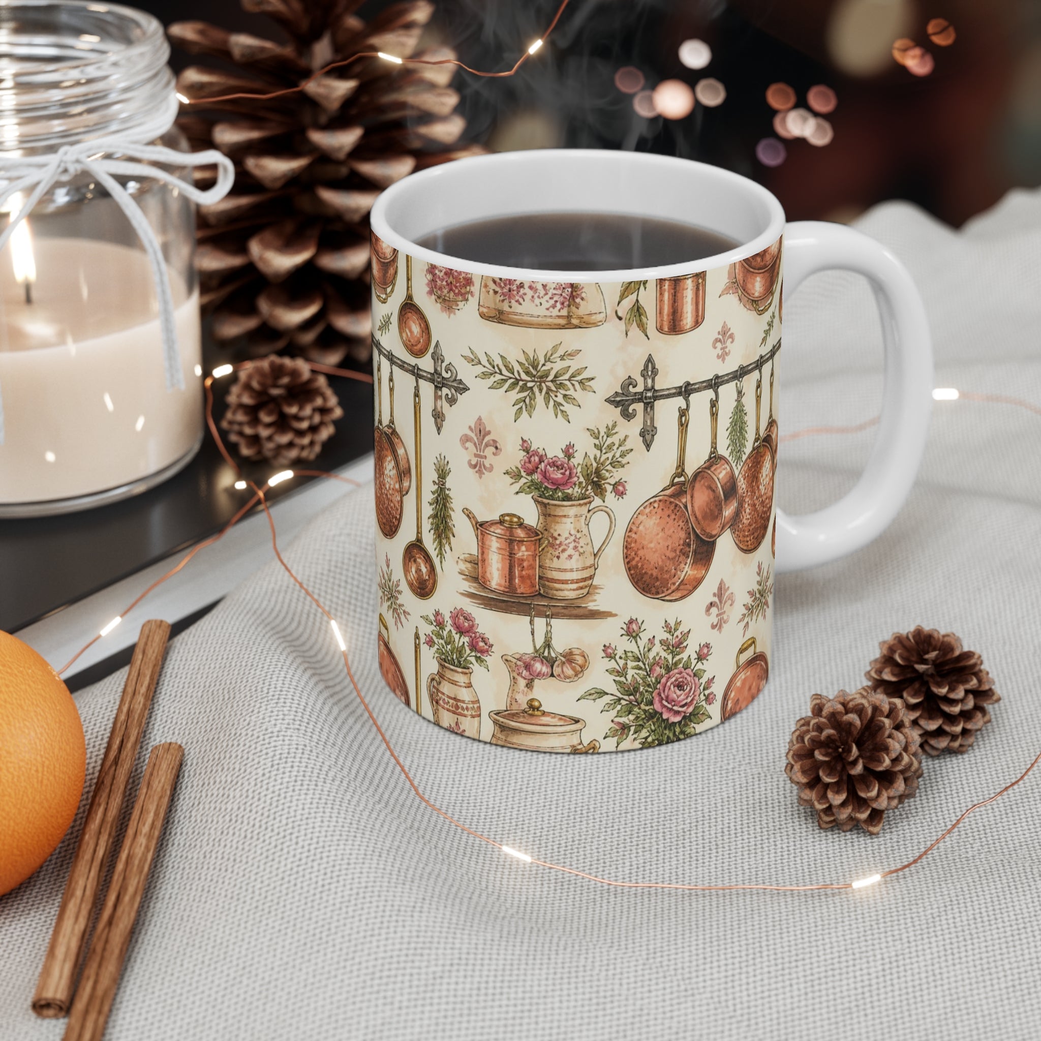 Copper Cookware 11oz Ceramic Mug Mediterranean Kitchen Watercolor Design Italian Cottagecore Gift