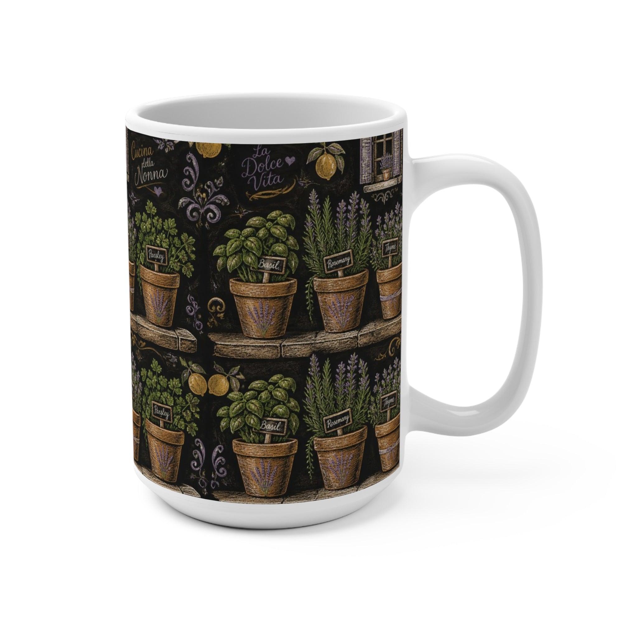 Terracotta Herb Pots 15oz Ceramic Mug Mediterranean Kitchen Chalk Art Design Italian Cottagecore Gift