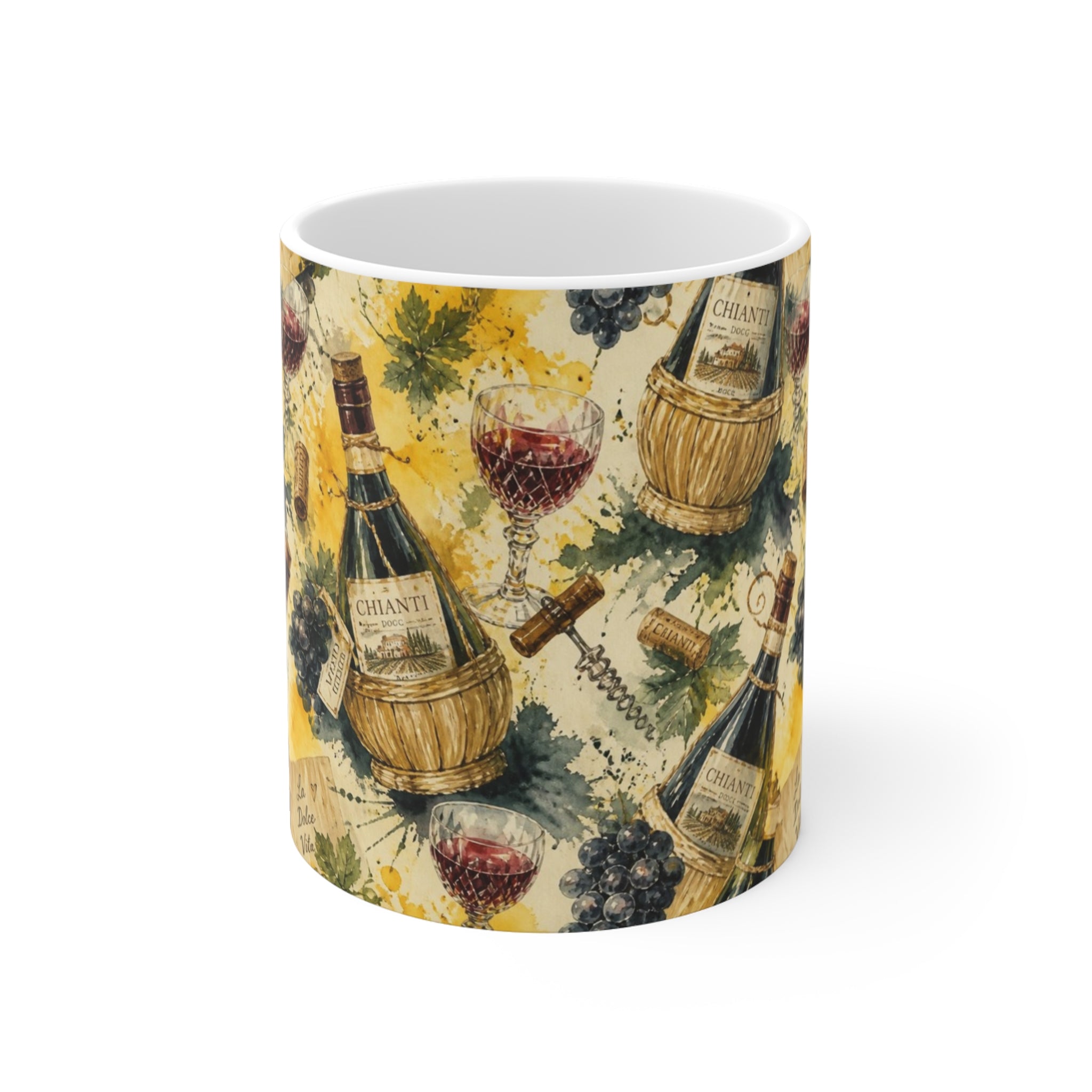 Wine Bottles & Glasses 11oz Ceramic Mug Mediterranean Kitchen Watercolor Splash Design Italian Cottagecore Gift
