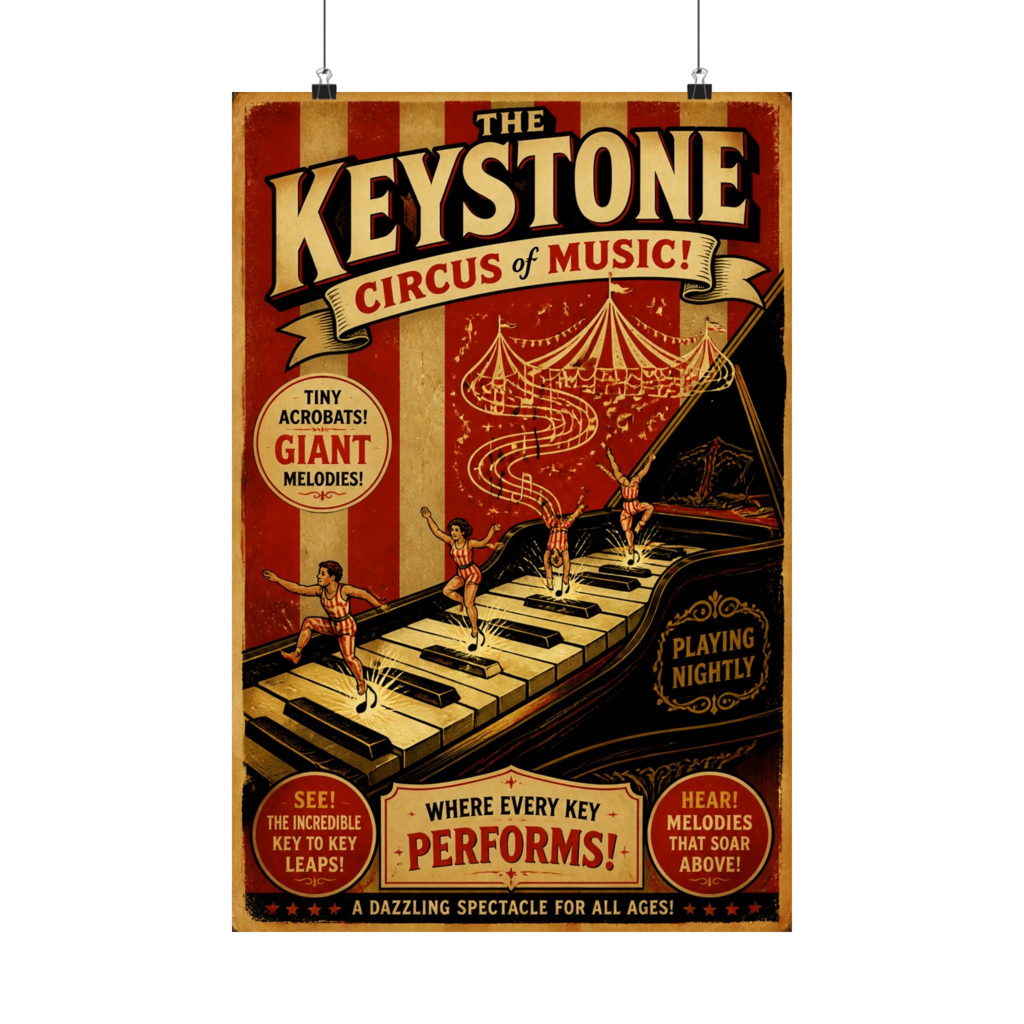 Grand Piano Acrobats Wall Art Poster 24×36 Vintage Circus Bedroom Decor Maximalist Print