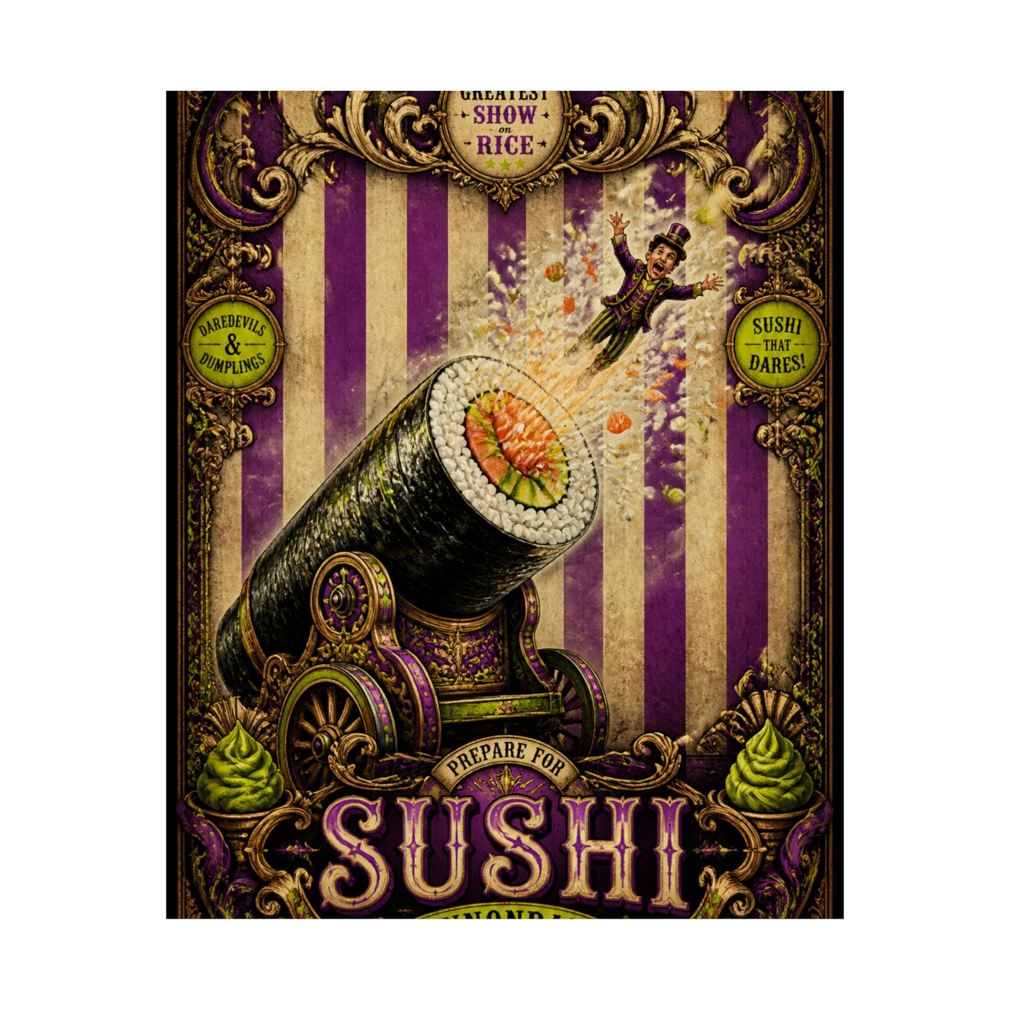 Sushi Roll Cannon Wall Art Poster 18×24 Baroque Home Office Decor Maximalist Print