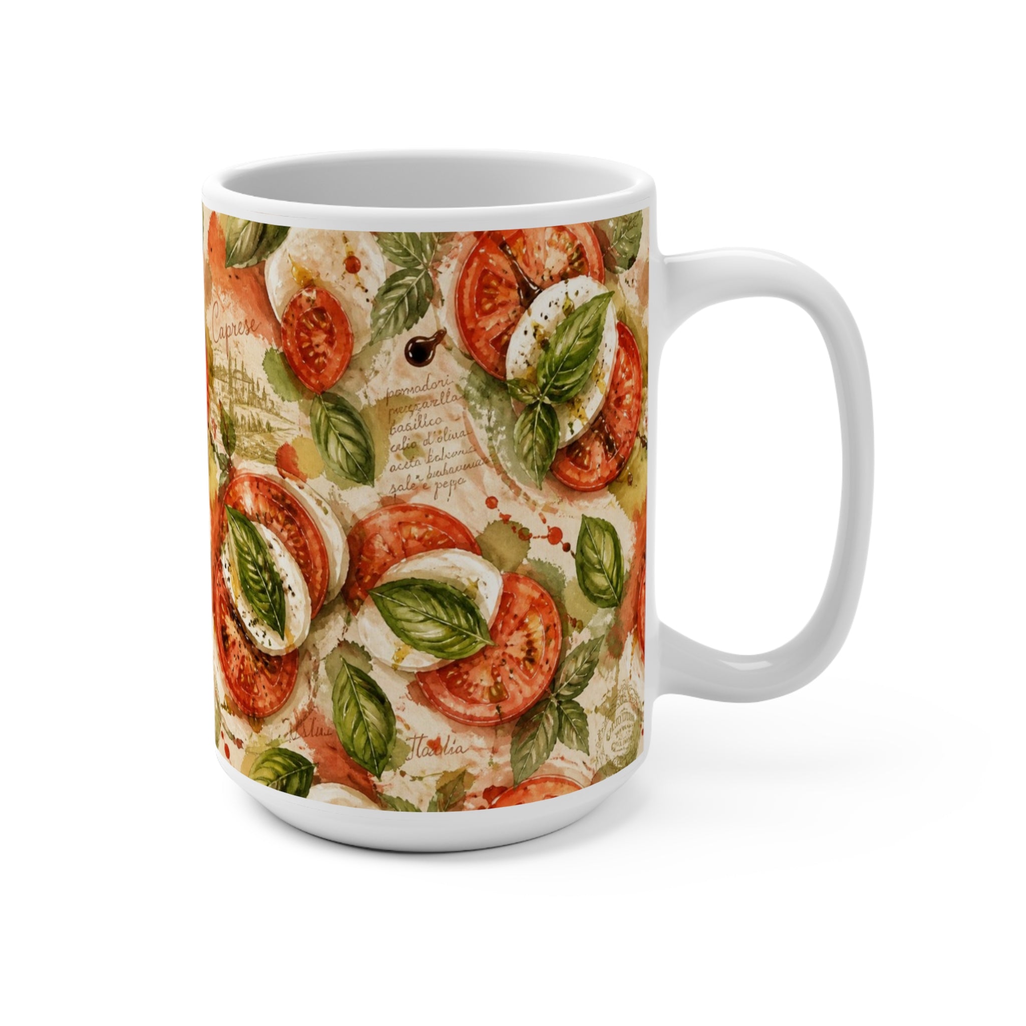 Caprese Arrangement 15oz Ceramic Mug Mediterranean Kitchen Watercolor Splash Design Italian Cottagecore Gift