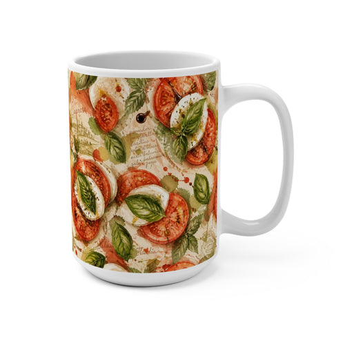 Caprese Arrangement 15oz Ceramic Mug Mediterranean Kitchen Watercolor Splash Design Italian Cottagecore Gift