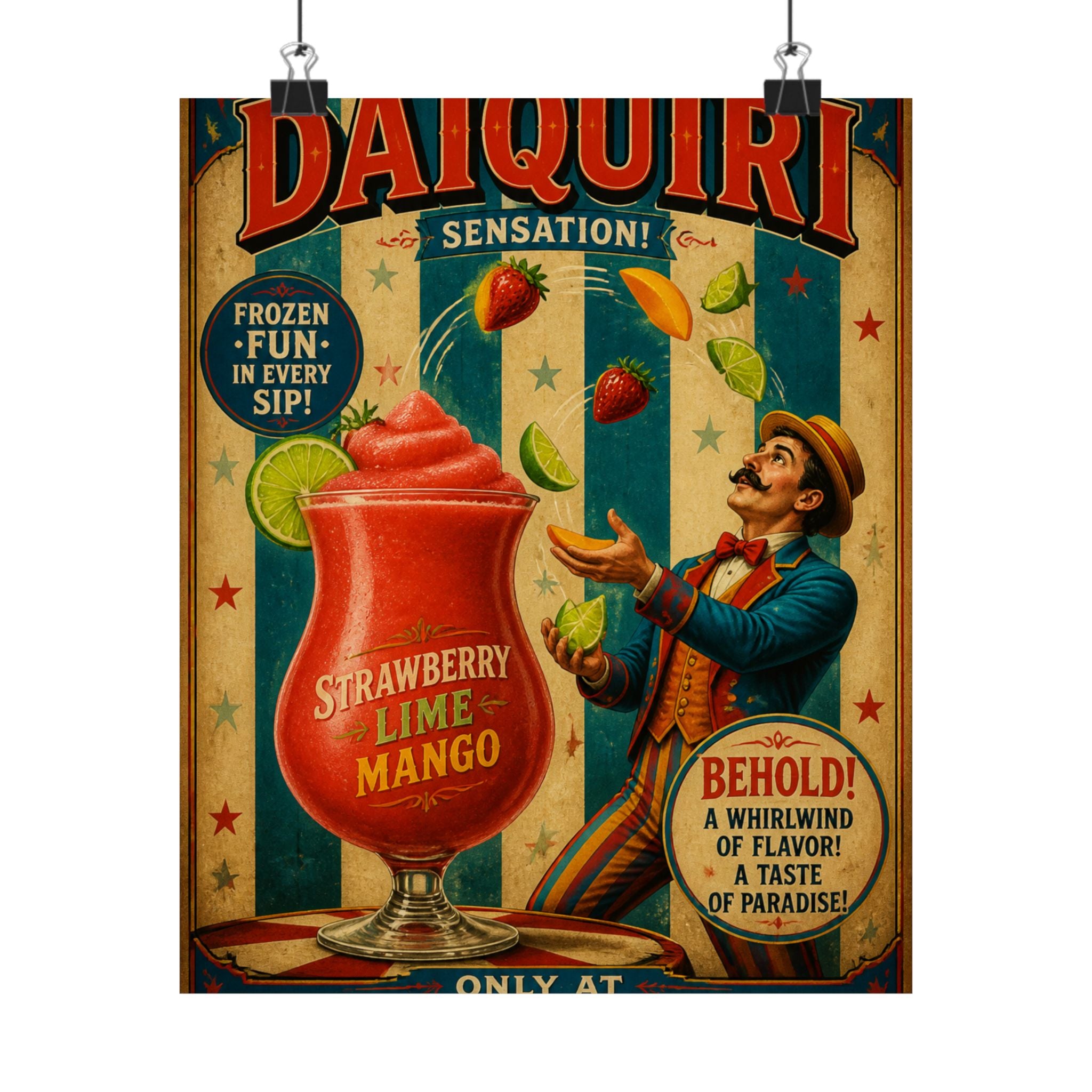 Daiquiri Fruit Juggler Wall Art Poster 24×36 Vintage Circus Bedroom Decor Maximalist Print