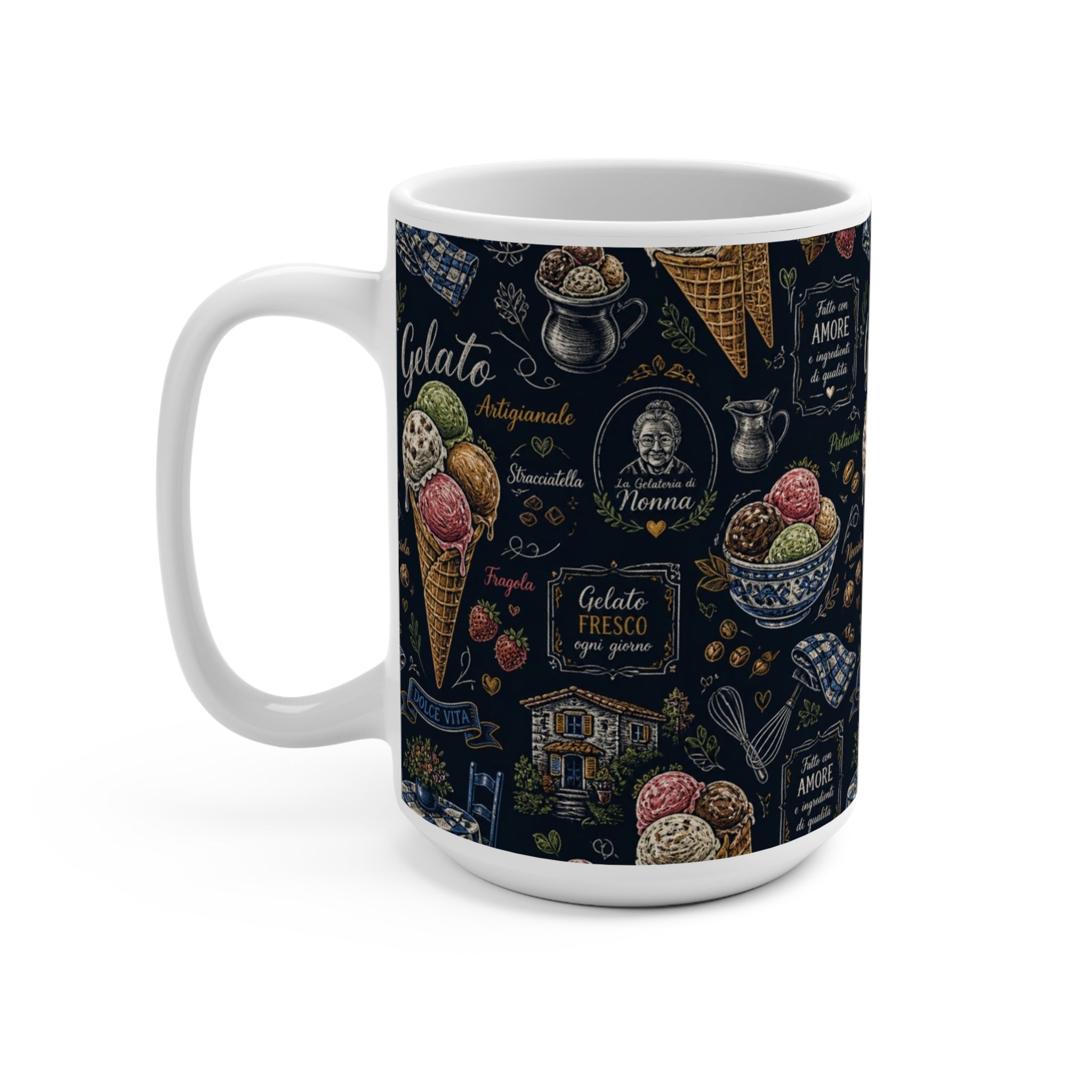 Gelato Scoops 15oz Ceramic Mug Mediterranean Kitchen Chalk Art Design Italian Cottagecore Gift