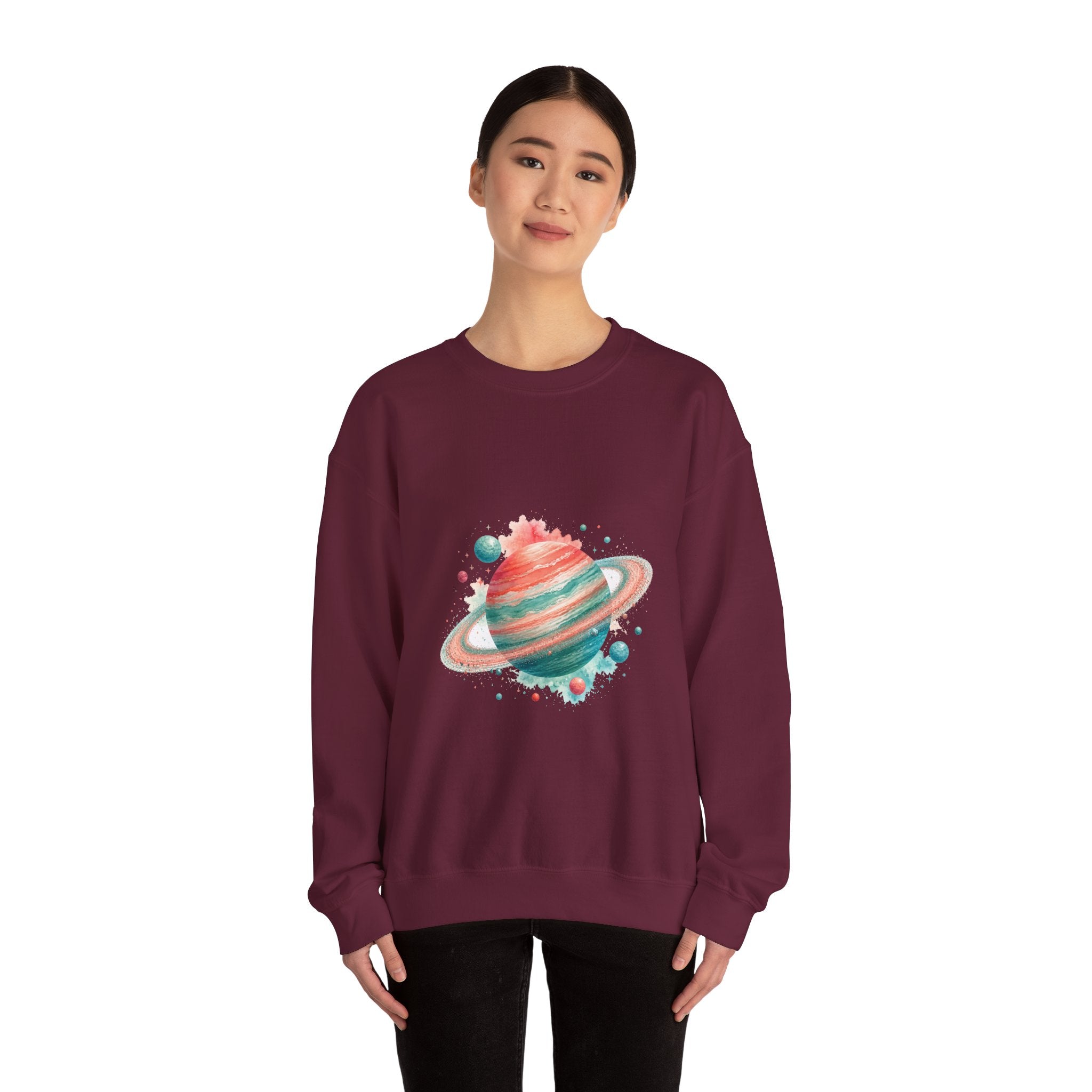 Matching Couple Sweatshirt - Astronaut & Planet Matching Couple Premium Fleece Sweatshirt Watercolor Art His Hers Birthday Gift - Design B