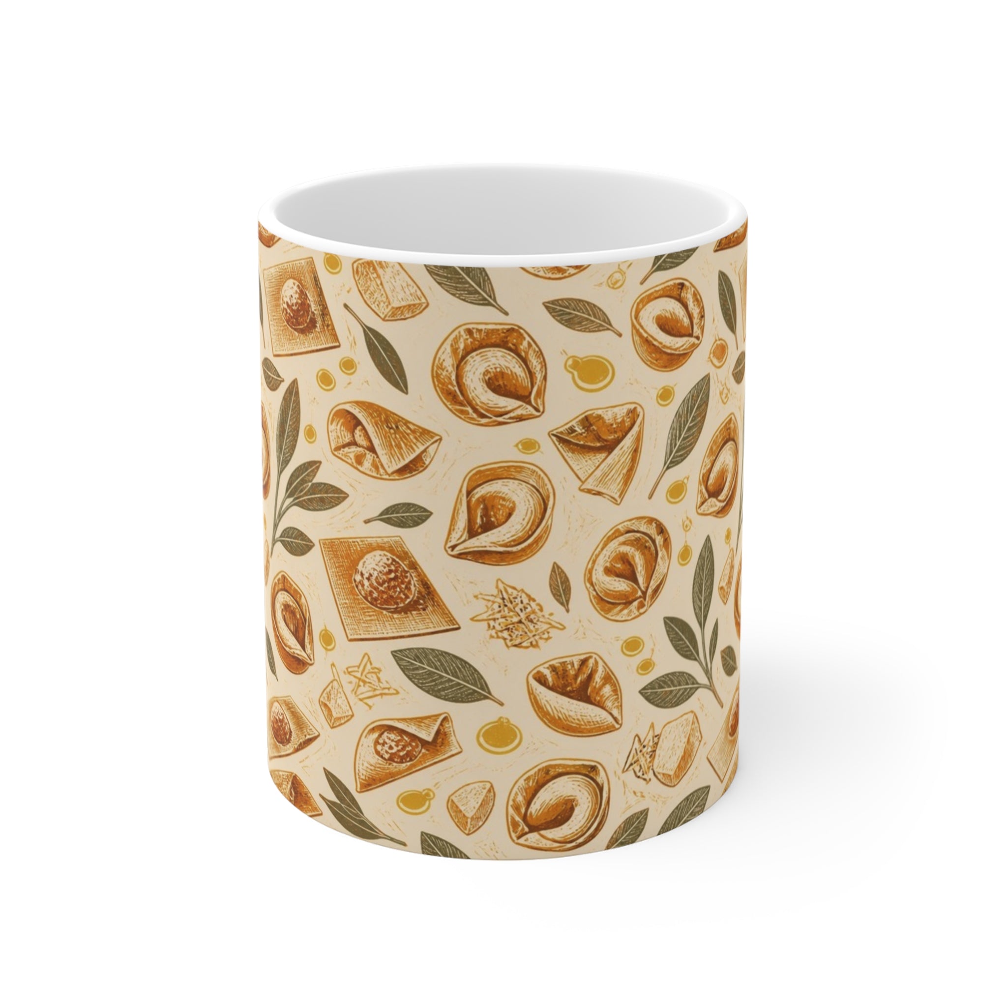 Tortellini with Sage 11oz Ceramic Mug Mediterranean Kitchen Linocut Design Italian Cottagecore Gift