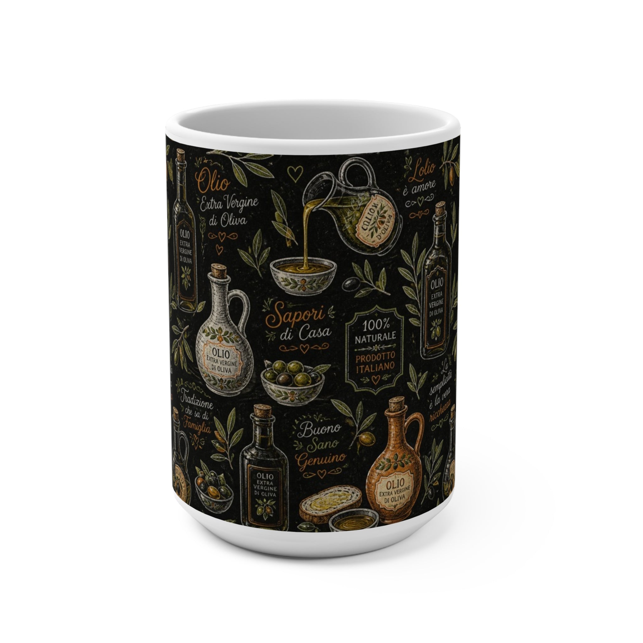 Olive Oil Bottles 15oz Ceramic Mug Mediterranean Kitchen Chalk Art Design Italian Cottagecore Gift