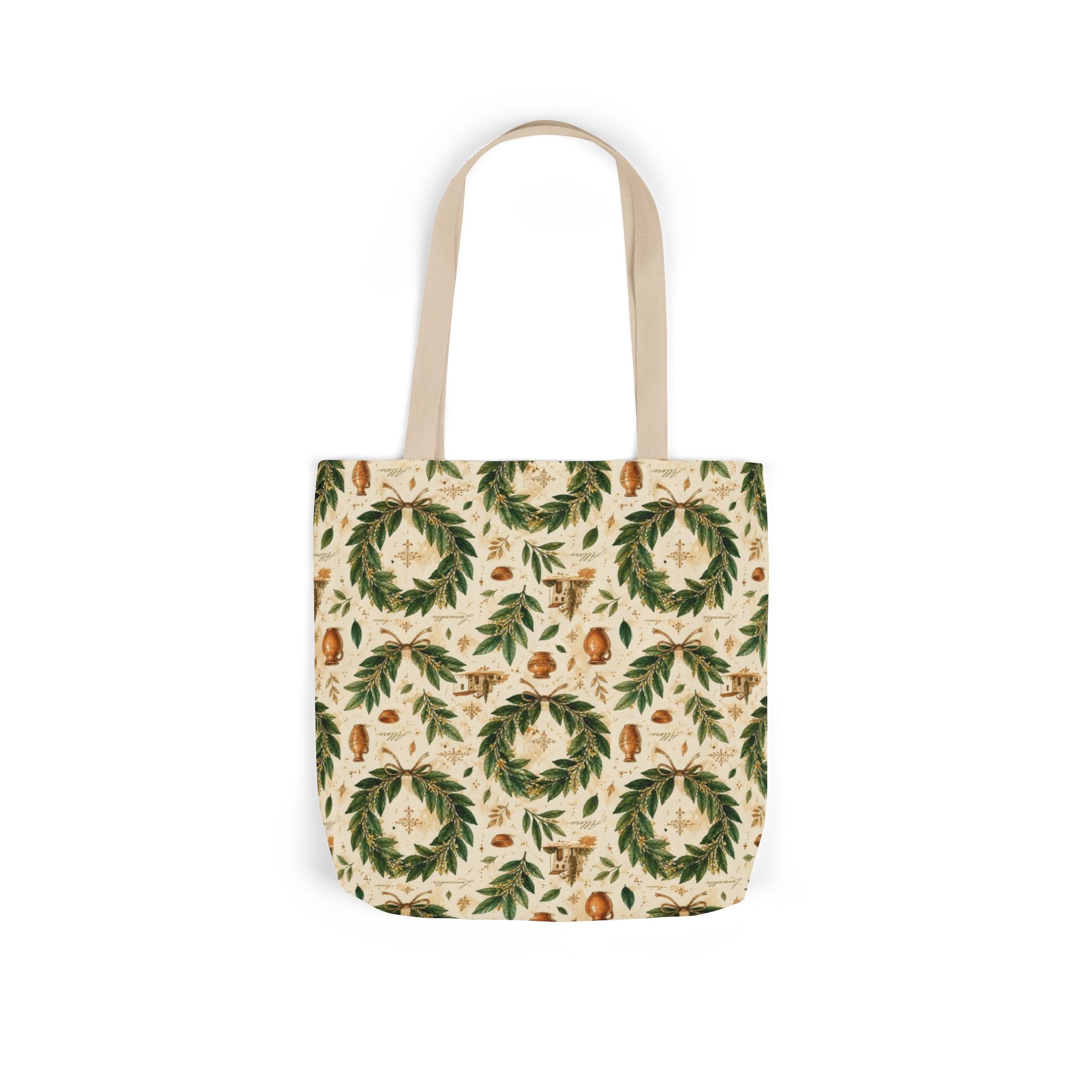 Bay Laurel Wreath Canvas Tote Bag Mediterranean Kitchen Watercolor Design Italian Cottagecore Gift