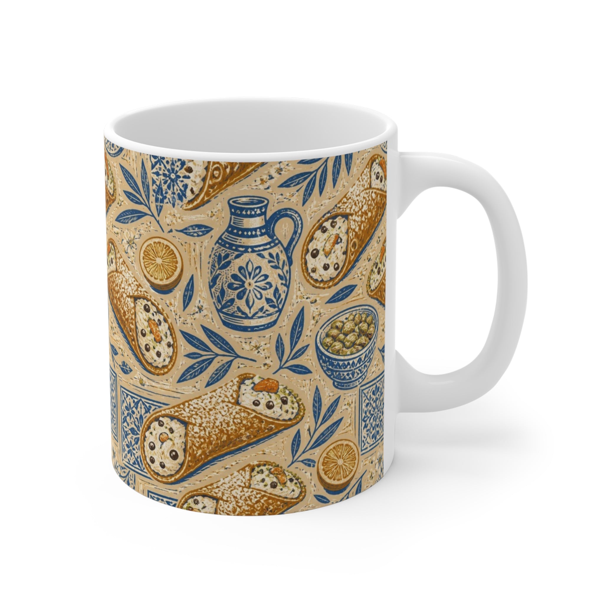 Sicilian Cannoli 11oz Ceramic Mug Mediterranean Kitchen Linocut Design Italian Cottagecore Gift