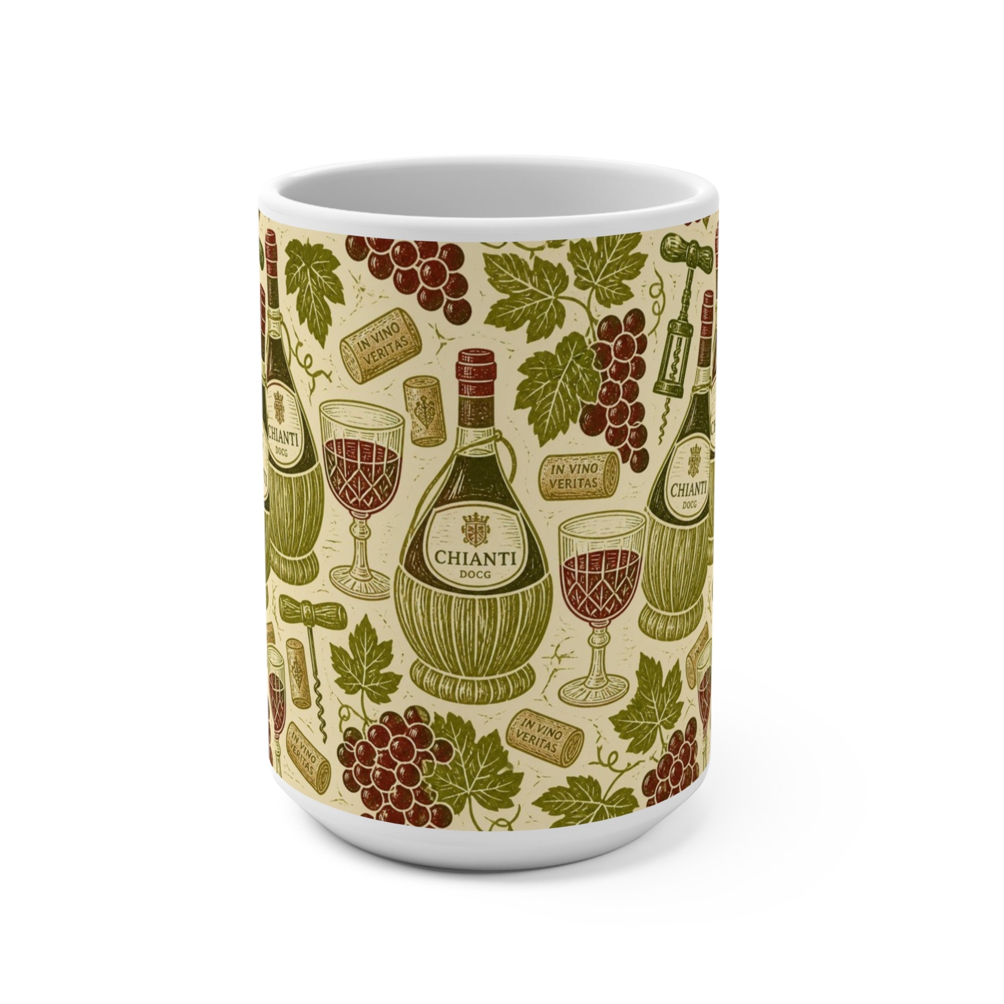 Wine Bottles & Glasses 15oz Ceramic Mug Mediterranean Kitchen Linocut Design Italian Cottagecore Gift