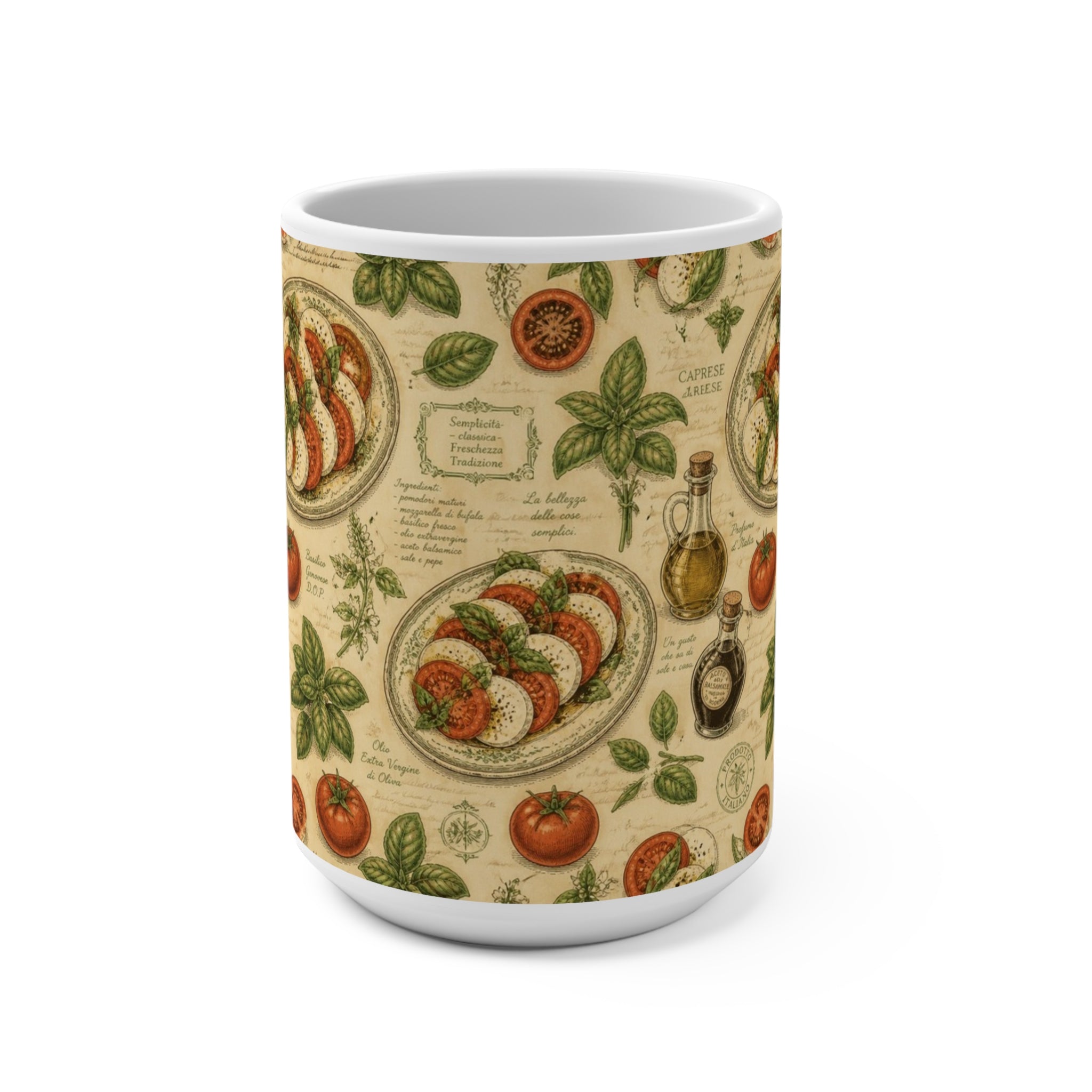 Caprese Arrangement 15oz Ceramic Mug Mediterranean Kitchen Botanical Design Italian Cottagecore Gift