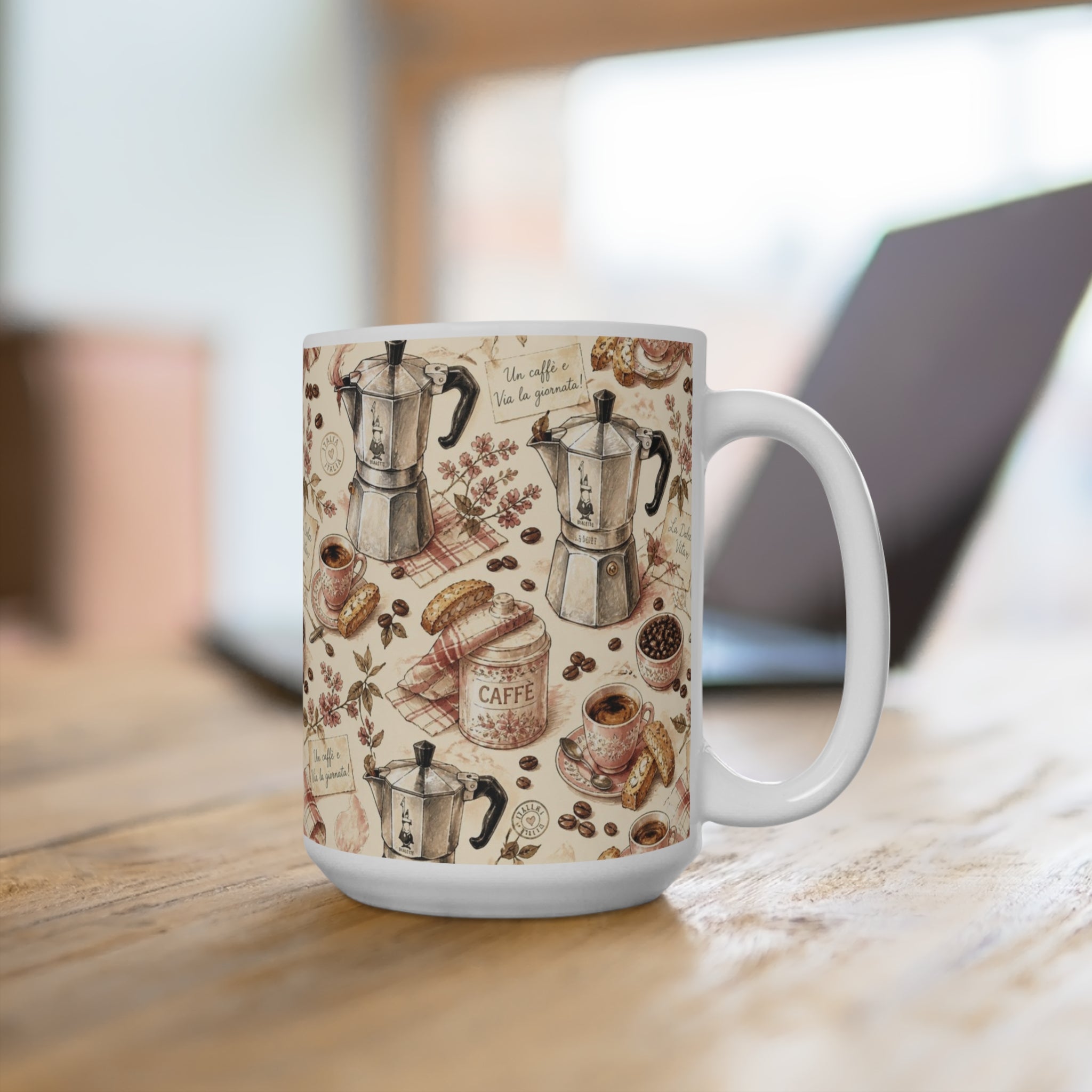 Espresso Moka Pot 15oz Ceramic Mug Mediterranean Kitchen Watercolor Design Italian Cottagecore Gift