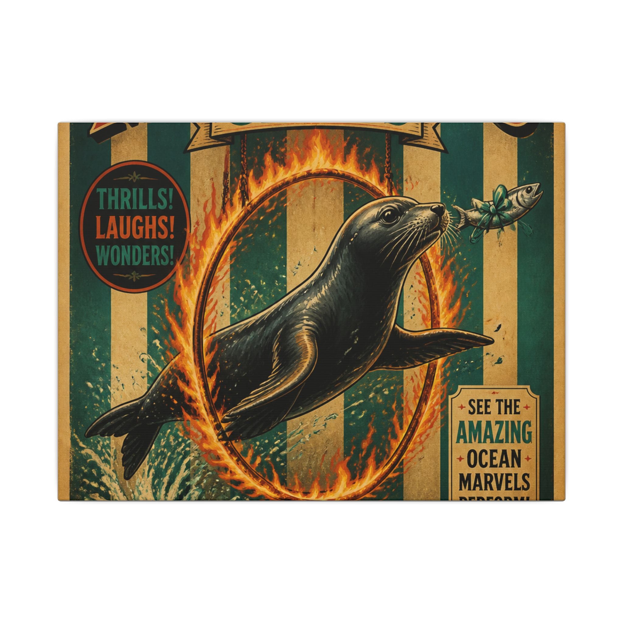 Seal Fire Hoop Wall Art Canvas 24×36 Vintage Circus Bedroom Decor Maximalist Print