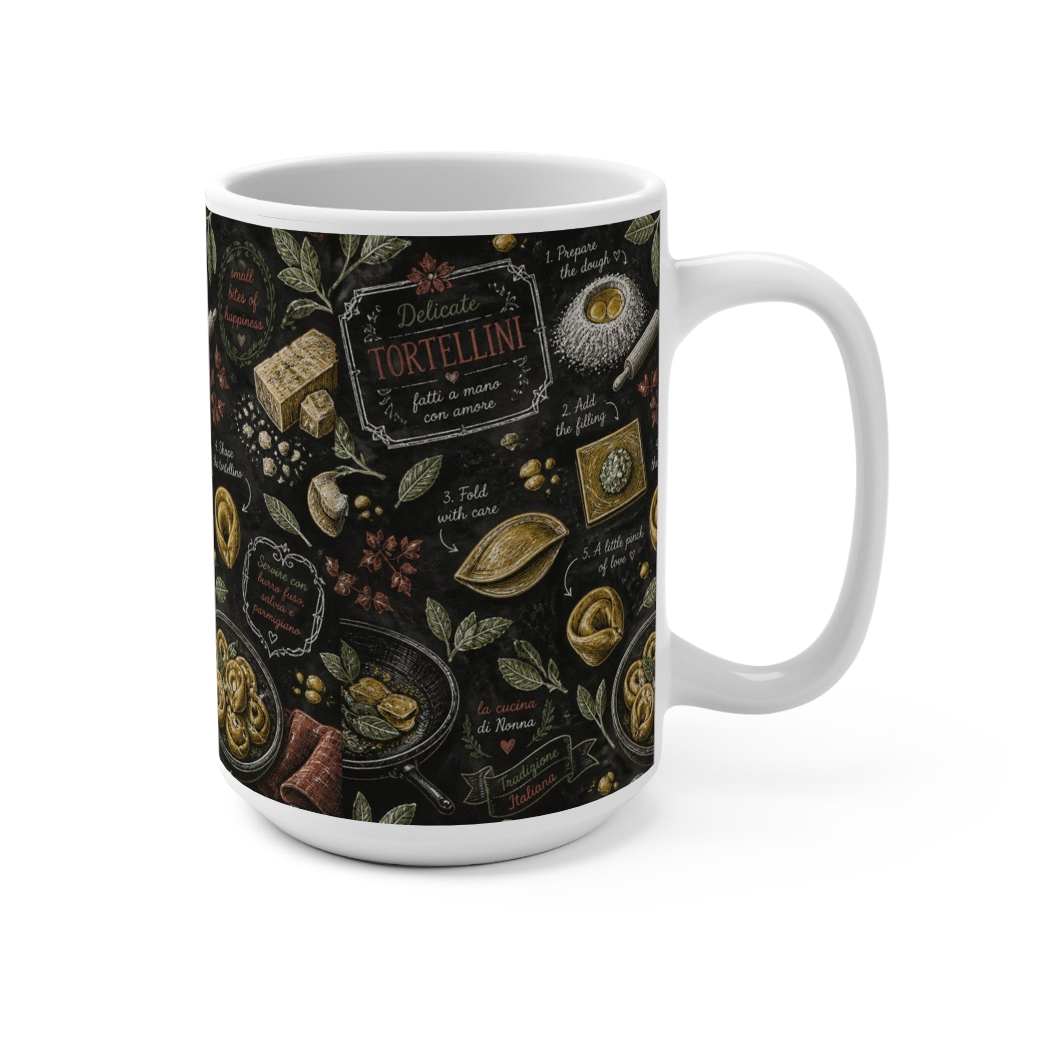 Tortellini with Sage 15oz Ceramic Mug Mediterranean Kitchen Chalk Art Design Italian Cottagecore Gift