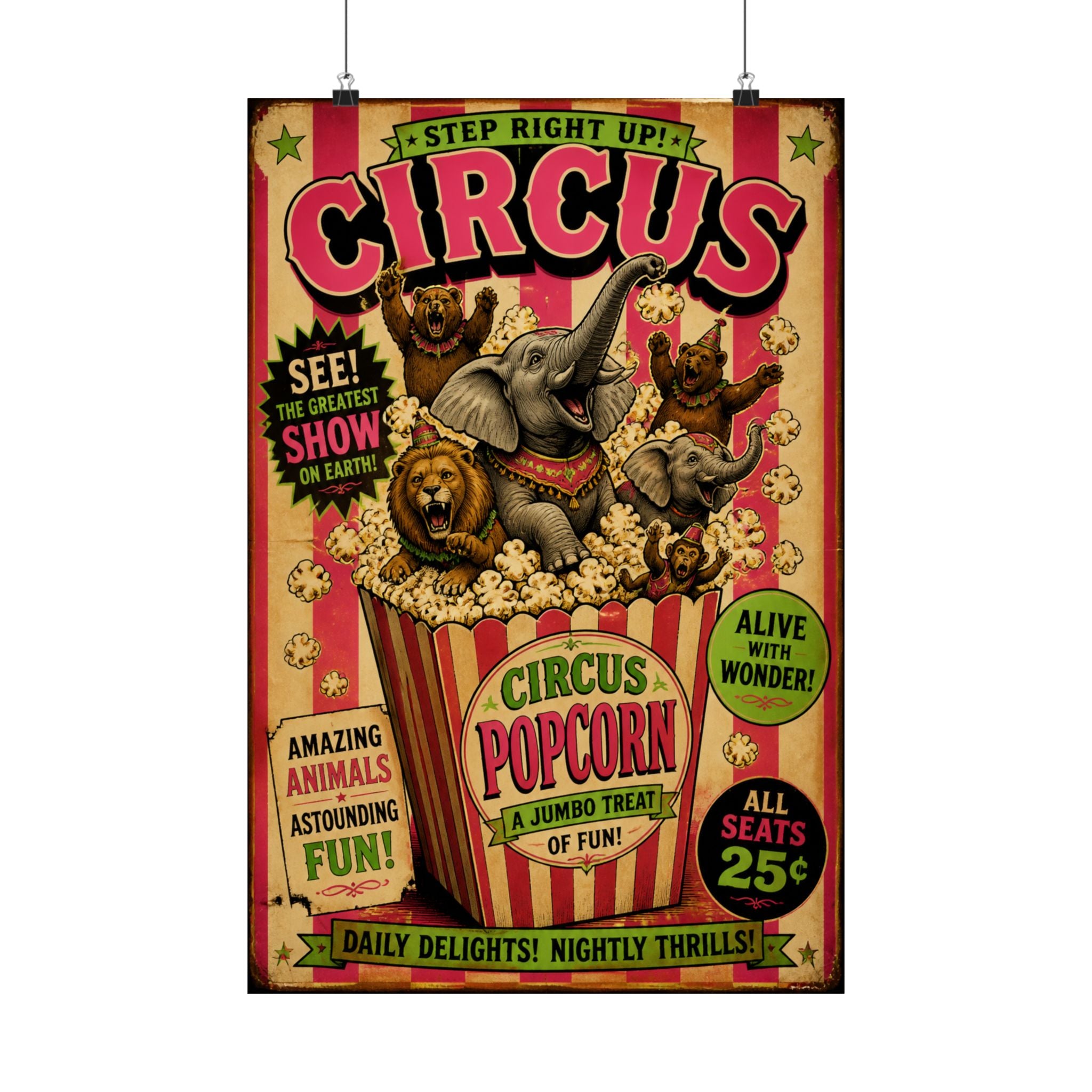 Popcorn Box Animals Wall Art Poster 18×24 Vintage Circus Kitchen Decor Maximalist Print