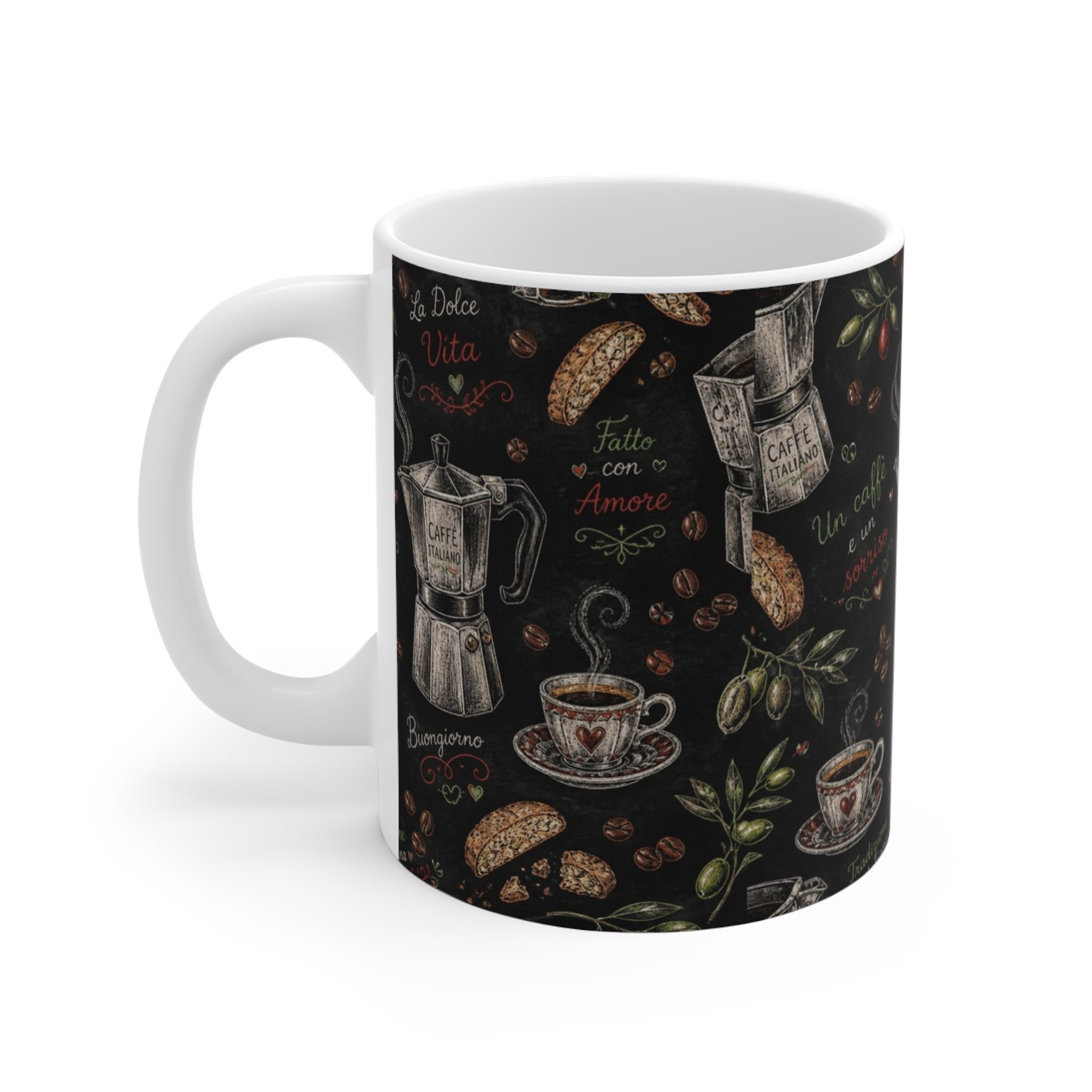 Espresso Moka Pot 11oz Ceramic Mug Mediterranean Kitchen Chalk Art Design Italian Cottagecore Gift