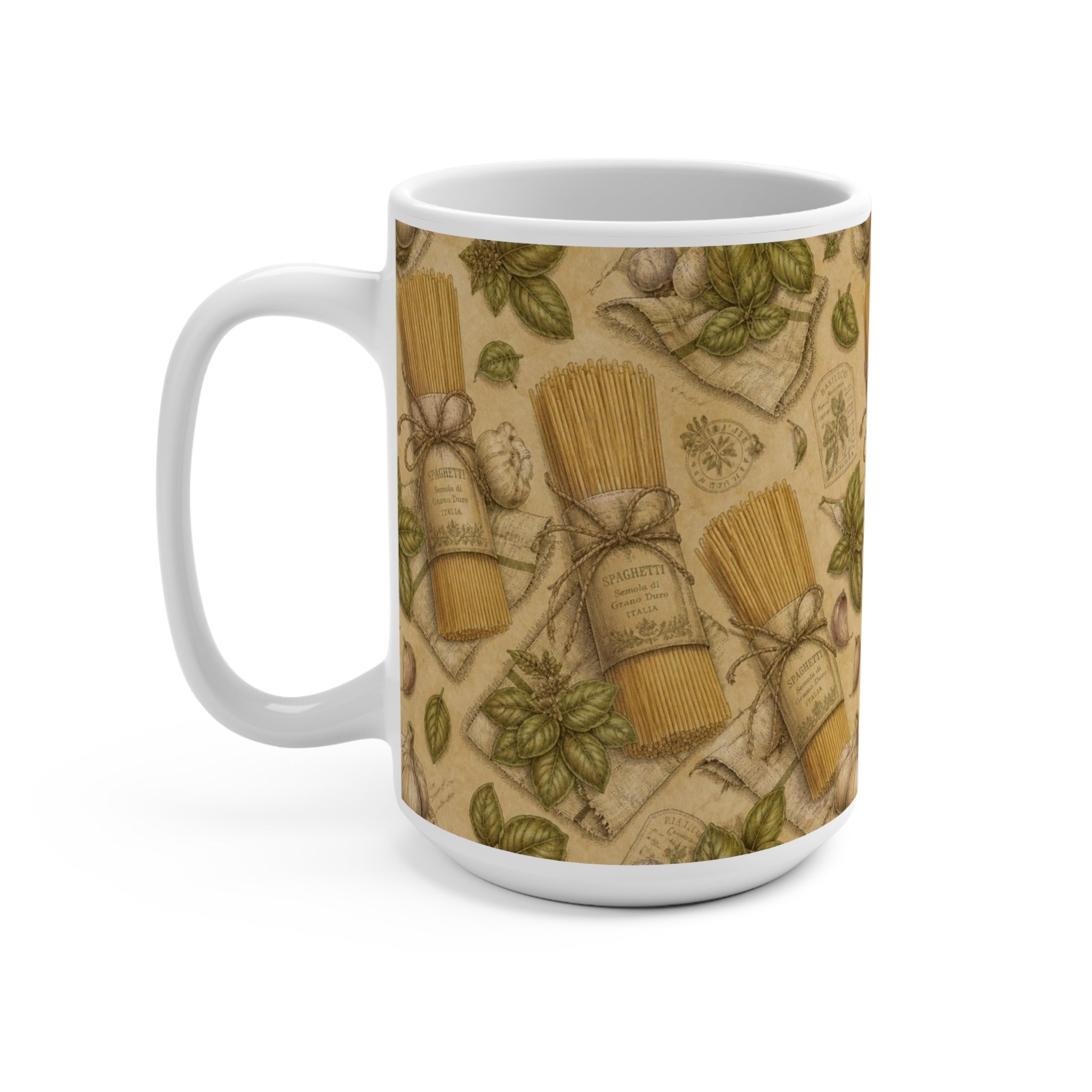 Spaghetti Bundle 15oz Ceramic Mug Mediterranean Kitchen Botanical Design Italian Cottagecore Gift